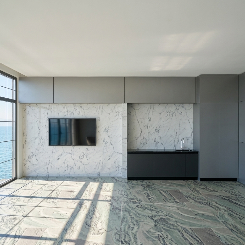 An incredibly lifelike, richly detailed, photorealistic wide-angle interior photo of a minimalist dining and kitchenette area set in a luxury Mediterranean retreat. The scene is illuminated by bright, direct midday summer sunlight pouring through the expansive floor-to-ceiling grid window on the left, creating a serene, sun-drenched, and airy atmosphere. Captured with a professional 24mm wide-angle lens at f/8, emphasizing the exquisite textures of custom-cut stone flooring and sleek modern wall panels. The core feature wall is a magnificent slab of polished white marble with delicate gray veining, cleanly hosting a flush-mounted flat-screen TV on the left. On the right, a compact kitchen is seamlessly integrated, featuring matte charcoal cabinets, a polished black granite countertop, and a shimmering chrome gooseneck faucet. High-end, matte-finished gray alicabond aluminum panels wrap cleanly around the upper portion of the wall and clad the entire right wall, imparting a sophisticated, ultra-modern architectural edge. Below, the floor is composed of highly realistic, segmented natural stone tiles of varying sizes and proportions, showcasing elegant swirls of soft sea-green and charcoal mineral veins that catch the midday light. Outside the window, the breathtaking, sparkling azure waters of Lake Sevan stretch toward the physical horizon under a clear, warm summer sky, completing this luxurious modern sanctuary.