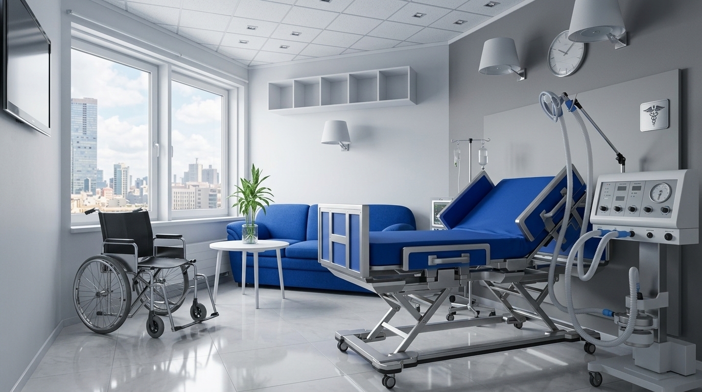 An incredibly lifelike, richly detailed, photorealistic interior photo of a premium, minimalist hotel-style recovery suite set in a modern medical facility. The scene is illuminated by soft, bright midday light flooding through a large double-hung window that overlooks a distant urban skyline, creating a serene, calm, and uncluttered atmosphere. Captured with a professional wide-angle lens, emphasizing the crisp metallic finishes, clean lines, and sterile yet welcoming textures. The room showcases a state-of-the-art medical bed outfitted with a vibrant royal blue mattress and sleek metallic components, paired with advanced bedside clinical equipment. In the background, a relaxing waiting area features a streamlined, matching blue sofa, a simple white circular side table, and a refreshing green indoor plant in a glass vase. The walls are finished in shades of white and gray, complemented by a minimalist flat-screen TV and a sleek, functional wheelchair positioned near the window, embodying a zen-inspired, modern approach to patient care and hospitality design.