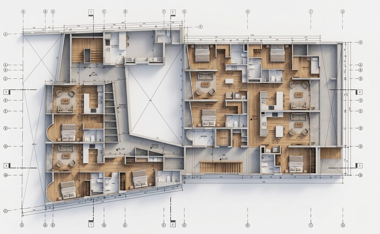 An incredibly lifelike, richly detailed, photorealistic top-down overhead 3D render of a fully furnished, modern multi-unit apartment floor plan set in a bright, tranquil minimalist haven. The scene is illuminated by soft, even, ambient studio light that casts gentle, realistic shadows, creating a clean, inviting, and sophisticated atmosphere. Captured with a high-resolution, distortion-free tilt-shift floorplan photo lens, emphasizing the warm grain of Scandinavian light oak floors, sleek white-tiled bathrooms, and elegant contemporary furniture textures. Each apartment unit resembles a high-end boutique hotel room, featuring neutral-toned walls, cozy fabric sofas in the living rooms, and neatly made queen-sized beds in the bedrooms. The compact kitchenettes are outfitted with integrated appliances and premium countertops, while the bathrooms feature detailed glass-enclosed showers and porcelain vanities. The large structural voids and the central irregularly-shaped courtyard area, marked with an 'X' on the plan, are rendered as crisp, open, empty spaces that define the building's architectural boundaries, accentuating the depth and spatial harmony of this meticulously executed blueprint design.