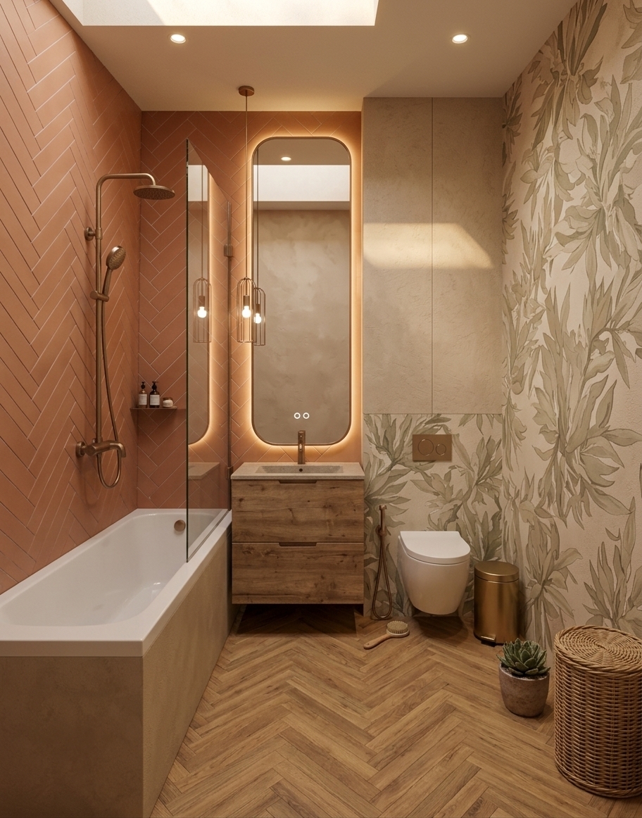 An incredibly lifelike, richly detailed, photorealistic medium-angle interior shot of a contemporary bathroom reimagined as a desert retreat set in a sun-drenched, rustic southwestern home. The scene is illuminated by warm, golden natural light filtering from above, casting soft shadows and highlighting a tranquil, serene atmosphere. Captured with a 35mm lens, emphasizing the organic textures of raw plaster, earthy ceramics, and brushed metals, the composition mirrors the original layout while replacing it with a warm neutral palette. On the left, the bathtub features clean-lined, beige plaster cladding, framed by a wall of high-texture, matte terracotta tiles arranged in a vertical herringbone pattern, complemented by sleek, brushed-bronze shower fixtures. At the center, a rustic wooden floating vanity with a simple stone basin sits beneath a tall, capsule-shaped mirror backlit by a soft, warm LED glow. To the right, a wall-mounted ceramic toilet is embedded into a textured adobe plaster wall, which is graced with a subtle, desert-leaf mural in muted beige and sage green tones. The floor is made of warm, herringbone-patterned oak planks, leading the eye to natural accents like a woven rattan hamper, a small potted succulent, and a minimal brass waste bin, harmonizing modern bathroom luxury with raw, arid elegance.