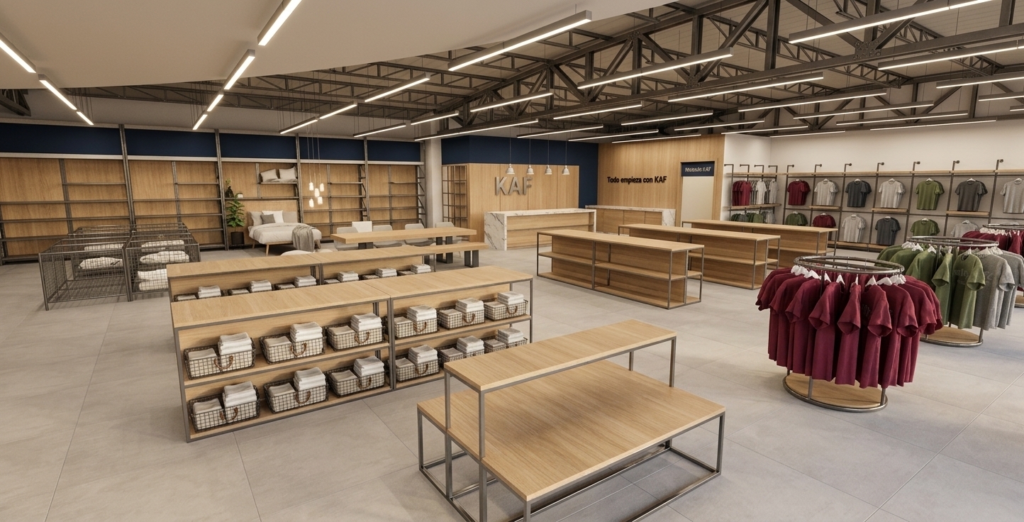 A professional, wide-angle architectural photograph capturing the clean, modern interior of the KAF clothing and textile retail store, maintaining the exact perspective, layout, and camera angle of the scene. The central rectangular checkout counter is crafted with a front of honed, light white stone showing incredibly subtle, soft veining, topped with a matte natural light oak wood surface and trimmed with thin, elegant champagne-colored metal detailing, holding a single minimal payment terminal. The perimeter walls feature light oak wood shelving framed in fine champagne metal, with an upper band painted in a deep, matte corporate petroleum blue. Warm-neutral 3500K illumination fills the space, combining soft ceiling spotlighting with integrated linear LED light strips tucked beneath shelves, casting a gentle, uniform glow on neatly organized textile baskets and folded garments. To the right, circular clothing racks display maroon and forest green cotton t-shirts with realistic fabric drapes, natural creases, and subtle hanger misalignments. The floor is made of large, matte light beige porcelain tiles with faint, realistic grout lines reflecting the soft ambient light. In the background, the exposed industrial ceiling truss structure is rendered in realistic black metal with suspended linear lights. The final image has the crisp, high-end aesthetic of a professional commercial interior design portfolio, featuring soft shadows, realistic material physics, fine wood grain, and realistic microscopic lens imperfections like subtle blooming and gentle corner vignetted shading, entirely devoid of people.