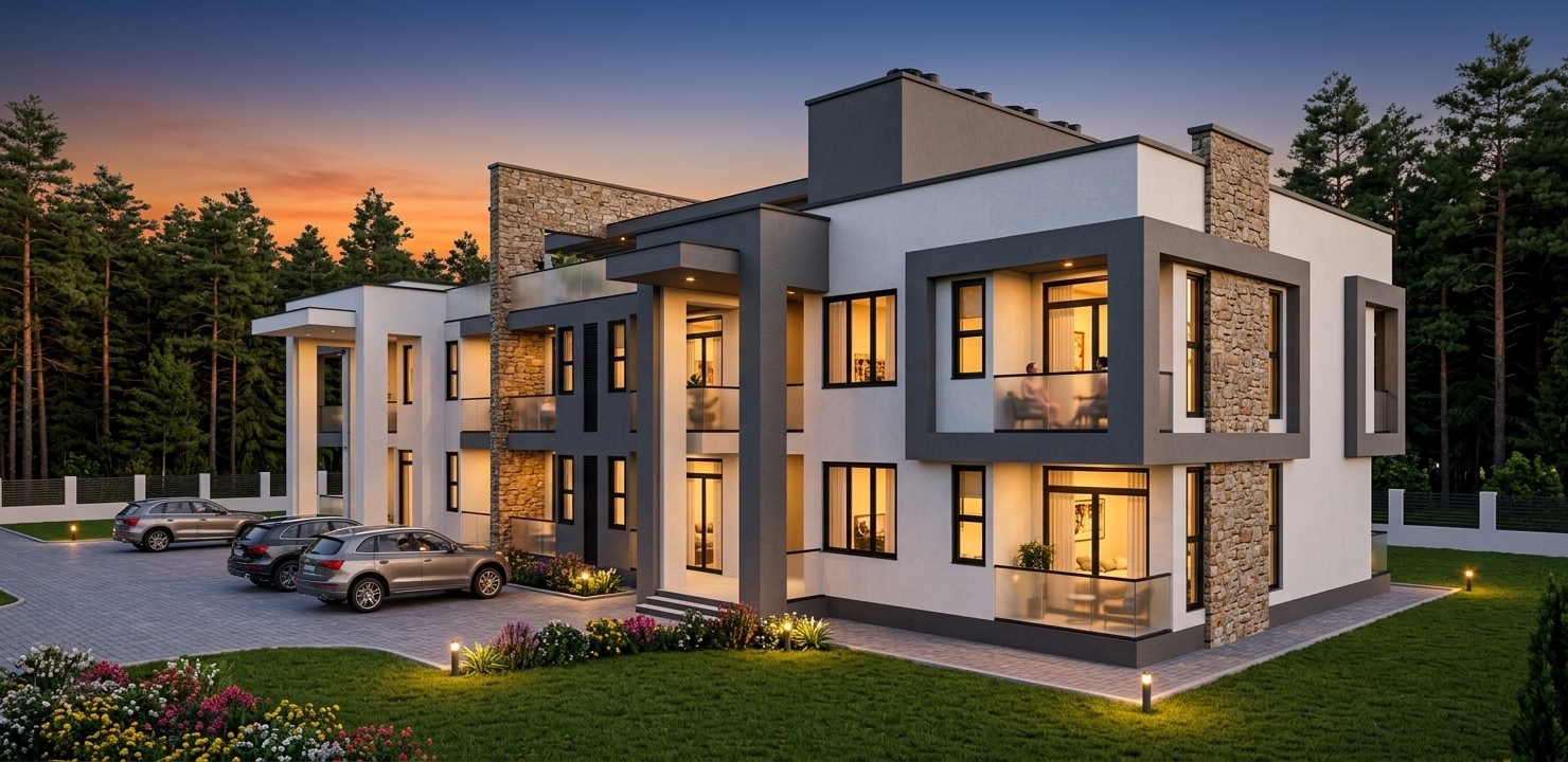 An incredibly lifelike, richly detailed, photorealistic wide-angle architectural photograph of a modern multi-family luxury retreat set in a manicured compound bordered by a dense, towering pine forest. The scene is illuminated by the warm, golden hues of an evening sunset, creating a serene, inviting atmosphere. Captured with a Hasselblad H6D-100c with a 24mm prime lens, emphasizing the crisp contrast between the building's smooth white and charcoal-grey stucco facades, rough-cut earthy stone accent walls, and matte-black aluminum window and door frames. The geometric architectural design is highlighted by cantilevered balconies with opaque glass railings, where the silhouettes of people can be seen relaxing and enjoying the twilight air. Warm, inviting ambient light spills from the interiors, complemented by minimal exterior wall lights and warm LED garden lights nestled within the compound's meticulously trimmed lawn and vibrant flower beds. To the side, a paved driveway hosts high-end, modern SUV cars that catch the soft reflections of the fading daylight, while the sky above transitions beautifully from shades of fiery orange to a deep, calm indigo.
