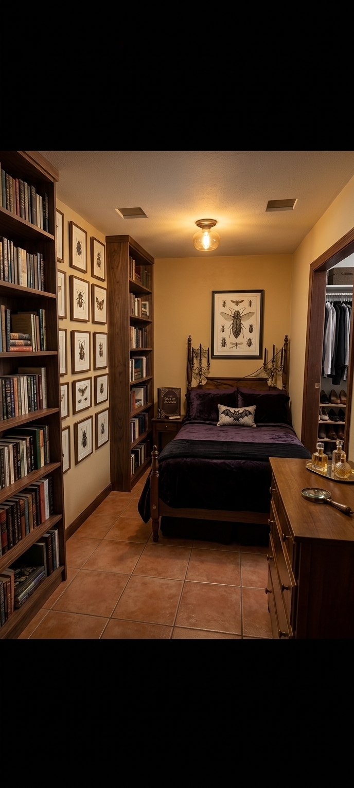 A professionally shot interior photograph of the same windowless room, masterfully remodeled into an organized, elegant bedroom while strictly preserving the room's exact shape, layout, ceiling height, door and doorway positions, and compact dimensions. The messy clutter is completely cleared, replaced by a highly functional design where a short, custom-fitted imperial bed with neat, dark premium linens is tucked against the back wall. The left wall features a magnificent, custom-built dark wood floor-to-ceiling library shelf overflowing with hundreds of neatly arranged books, leaving ample room to grow, with seamless hidden storage cabinets integrated into its base. Adorning the warm, neutrally painted walls are several identically sized, black-framed scientific displays of insect specimens, including detailed beetles, moths, and butterflies, serving as the main wall art. Elegant, year-round Halloween-inspired decor is tastefully scattered throughout, including brass candlesticks, small glass botanical jars, and a discreet vintage crow figurine nestled among the book collection. To the right, the polished dark wood door frame remains perfectly intact, leading to the closet. The ceiling light has been updated to cast a cozy, warm, and sophisticated glow across the space, creating soft, natural depth on the polished tile floor and highlighting the rich textures of the paper book spines, the glass frames, and the woven bedding. Captured on a professional camera with a wide-angle lens, the photo has a natural, lived-in feel, featuring realistic depth of field, subtle material imperfections, and soft, authentic lighting.