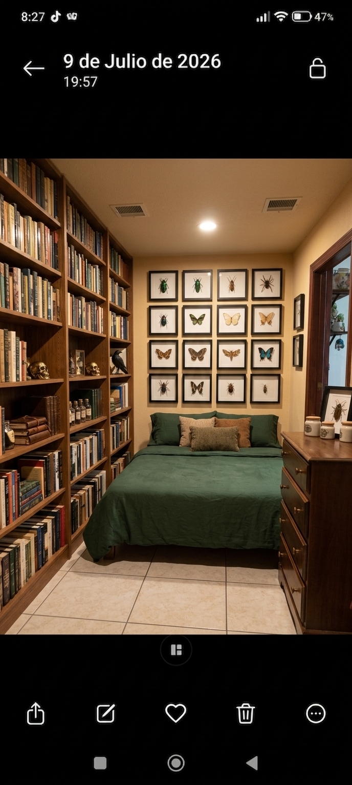 A wide-angle, eye-level photograph of a beautifully remodeled cozy bedroom, maintaining the exact layout, geometry, ceiling vents, doorway placement, and perspective of the narrow 3x3.5 meter room. Inside this immaculate, organized space, a custom imperial bed measuring 1.75 meters is positioned neatly in the center of the tiled floor. The walls feature a towering, bespoke floor-to-ceiling wooden library packed with over 300 books, designed with additional space for collection expansion and integrated hidden storage compartments. Adorning the walls is a curated gallery display of identical 45x45 cm black-framed art pieces containing realistic insect taxidermy, including beetles and butterflies under glass. Sophisticated, subtle year-round Halloween-inspired decor is tastefully arranged throughout the space, featuring small vintage apothecary jars, brass candlesticks with flickering wax candles, and delicate decorative elements. The windowless room is illuminated by a soft, warm overhead glow from the central ceiling fixture, supplemented by intimate accent lighting on the shelves to highlight the rich wood textures and book spines. The photograph displays natural micro-imperfections, including soft dust motes floating in the warm light, realistic reflections on the glass frames, tactile linen textures on the bed, and a gentle vignette toward the edges of the frame.