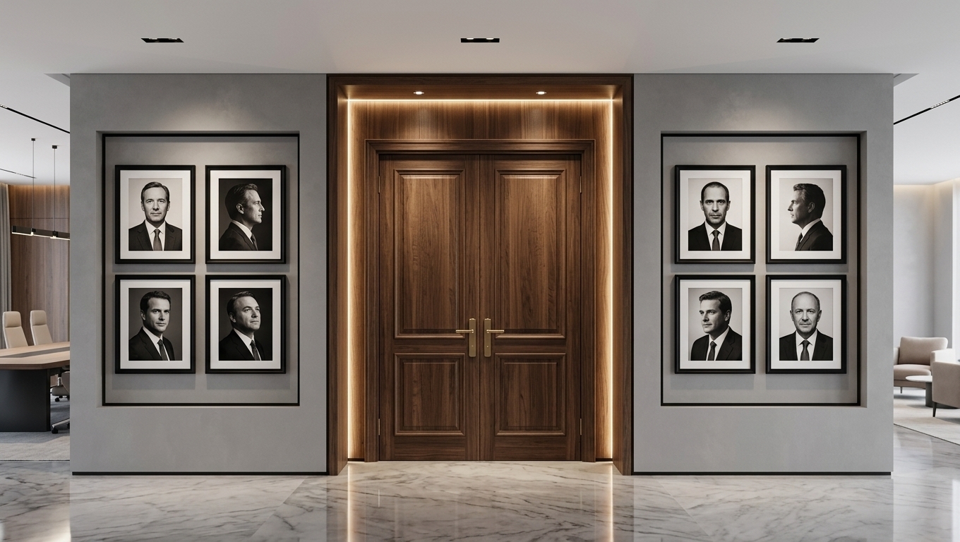 An incredibly lifelike, richly detailed, photorealistic wide-angle architectural shot of a sophisticated meeting room wall set in a contemporary executive boardroom. The scene is illuminated by warm, recessed LED strip lighting and soft directional spotlights, creating a prestigious and elegant atmosphere. Captured with a high-end Hasselblad camera and a 24mm wide-angle lens, emphasizing the rich grain of the wood, the polished marble floor reflection, and the crisp glass of the frames. In the center of the frame stands a grand, symmetrical double-paneled door crafted from rich dark walnut with brushed brass handles. Extending to both the left and right sides of this central doorway are perfectly aligned, clean-lined display panels showcasing a distinguished row of leader portraits elegantly framed in matte black. The minimalist gray plaster walls and the impeccable symmetry of the composition evoke a sense of modern professionalism and timeless luxury.