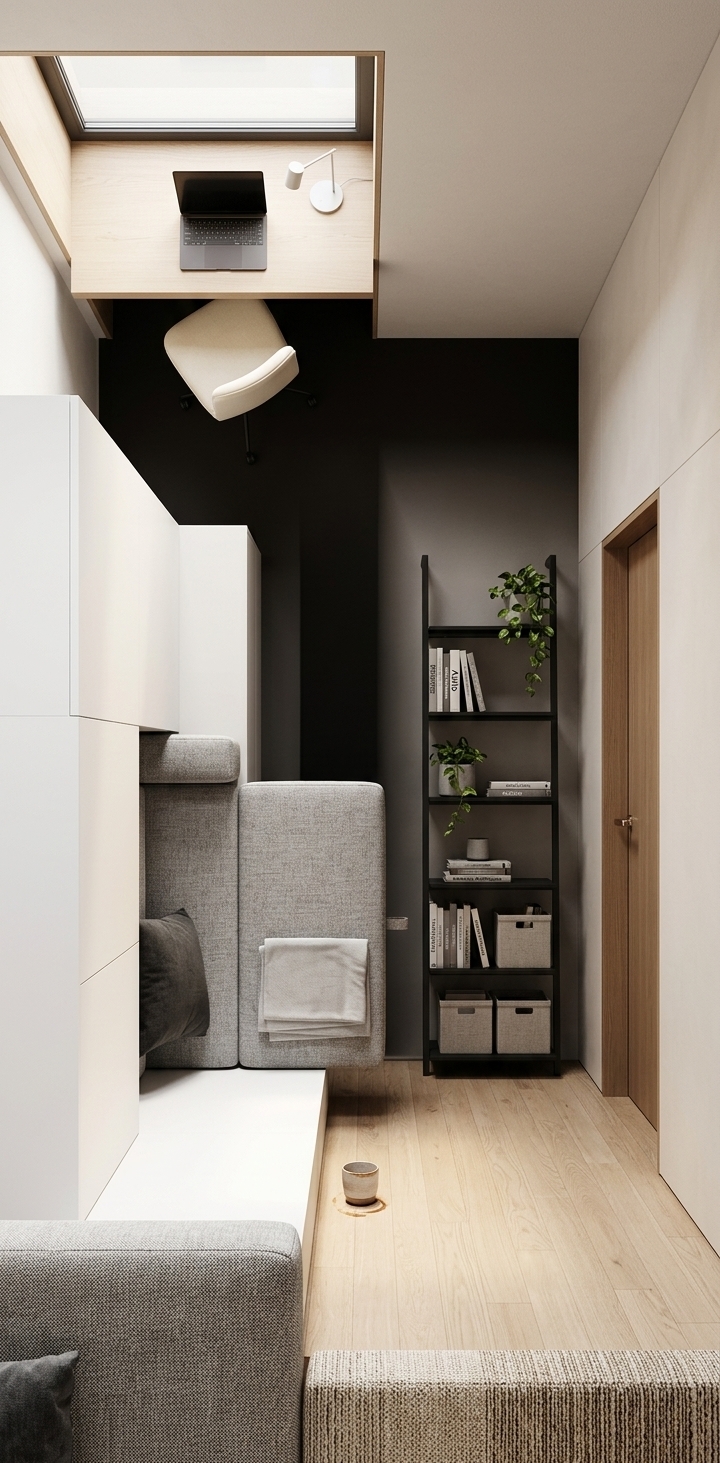 An incredibly lifelike, richly detailed, photorealistic top-down architectural floorplan photograph of a highly organized, dual-purpose minimalist workspace and guest studio set in a compact, stylish modern apartment. The scene is illuminated by soft, diffused natural morning sunlight streaming from an unseen window, creating a warm, airy, and calming atmosphere. Captured with a Hasselblad H6D-100c with a 24mm wide-angle lens, emphasizing the clean geometric lines of the furniture, the rich texture of the fabric sofa bed, and the smooth grain of the wooden floors.

From this bird's-eye perspective, the interior layout unfolds with immaculate order and functional elegance. In the upper left partition of the room, a sleek, elongated floating desk crafted from light birch wood sits flush against the wall, holding a slim metallic laptop and a minimalist table lamp. A simple, ergonomic chair with a soft cream cushion is neatly tucked underneath. 

Dominating the lower-left corner is the focal point of the room: a premium, multi-functional sofa bed. The sofa is upholstered in a tactile, high-quality heather-gray woven fabric, detailed with crisp, hand-stitched seams and accented by a couple of muted charcoal-colored throw pillows. Its clever modular design is partially opened, showcasing its effortless transition from a comfortable workspace seating area during the day into a cozy, inviting bed for the night. 

Parallel to the sofa bed on the right wall sits a stylish, matte-black powder-coated steel ladder bookshelf. The shelves are neatly arranged with a curated selection of architectural books, small trailing pothos plants in concrete pots, and fabric storage boxes that match the room's neutral palette. Next to the shelving, a sleek, modern flush door with warm-wood detailing marks the entrance to this tranquil, Scandinavian-inspired "minimalist haven." The light-toned oak parquet flooring coordinates beautifully with the soft-white plaster walls, bouncing the natural light to make the compact workspace feel incredibly spacious and serene.