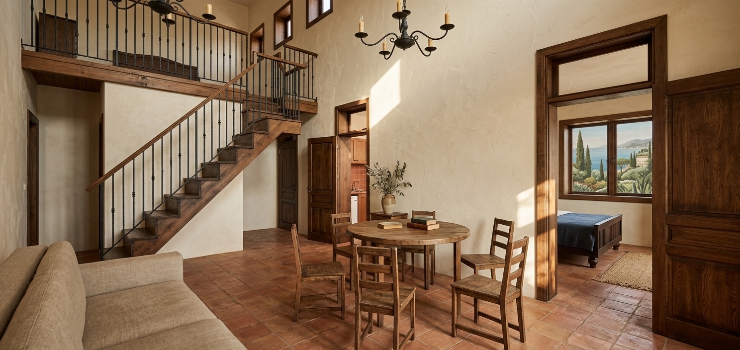An incredibly lifelike, richly detailed, photorealistic wide-angle interior photograph of a double-height living and dining space set in a sun-drenched Mediterranean retreat. The scene is illuminated by warm, coastal afternoon sunlight streaming through the open doorways and transoms, creating a relaxed, earthy, and inviting atmosphere. Captured with a 24mm architectural lens, emphasizing the tactile plaster textures of the walls and the rich grain of aged wooden furniture, the composition highlights a rustic wooden staircase framed by a beautifully crafted wrought-iron balustrade that ascends to a mezzanine overlooking the room. Hanging from the high ceiling, classic wrought-iron candle chandeliers cast a warm ambiance over a circular wooden dining table surrounded by casual, weathered wooden chairs. In the foreground, the edge of a soft, neutral-toned fabric sofa anchors the space, while the floors are finished in warm, matte terracotta tiles. To the right, an open wooden doorway reveals a glimpse into a serene bedroom with a dark wood bed frame and a scenic window looking out onto lush Mediterranean landscape wall art, creating a harmonious blend of coastal blues, rich terracotta tones, and warm neutrals that feels transportive and timeless.