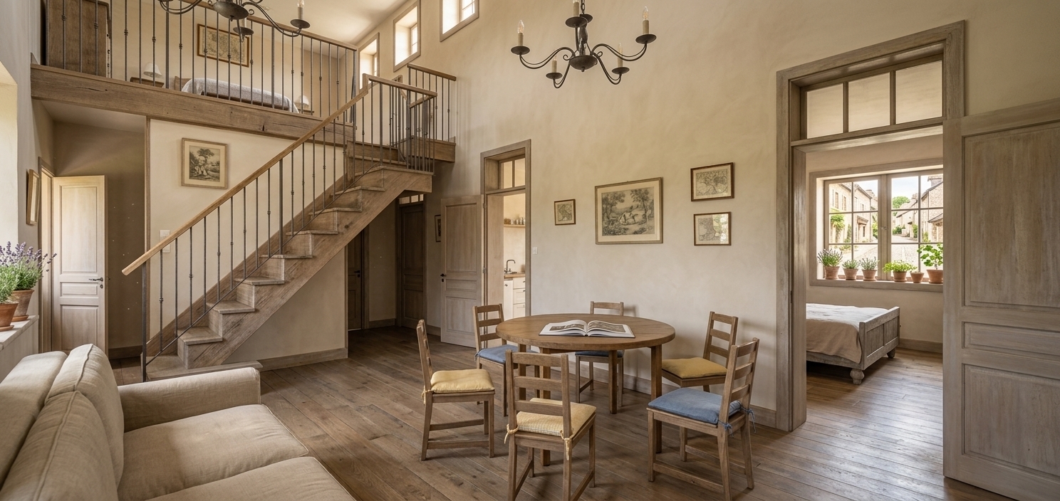 An incredibly lifelike, richly detailed, photorealistic wide-angle interior shot of a double-height living room set in a provincial French country home. The scene is illuminated by soft, warm sunlight spilling through the windows, creating a cozy, inviting, and romantic atmosphere. Captured with a 24mm f/2.8 lens, emphasizing the rustic textures of weathered wood, distressed paint, and soft upholstery. A round, vintage wooden dining table serves as a focal point, surrounded by elegant, cottage-inspired wooden chairs with soft yellow and muted blue cushions, with an open photography book resting near its center. To the left, a painted wooden staircase with a distressed iron railing leads to an upper mezzanine, while a delicate wrought-iron chandelier hangs gracefully from the high ceiling. The soft, warm neutral walls are decorated with beautiful pastoral wall art that frames the rustic, open layout. On the right, through an open doorway, a glimpse into a bedroom reveals a weathered wooden bed and a sunny window, while lovingly arranged indoor plants on the windowsills and tables breathe life into the space, perfectly complementing the plush linen sofa partially visible in the foreground.