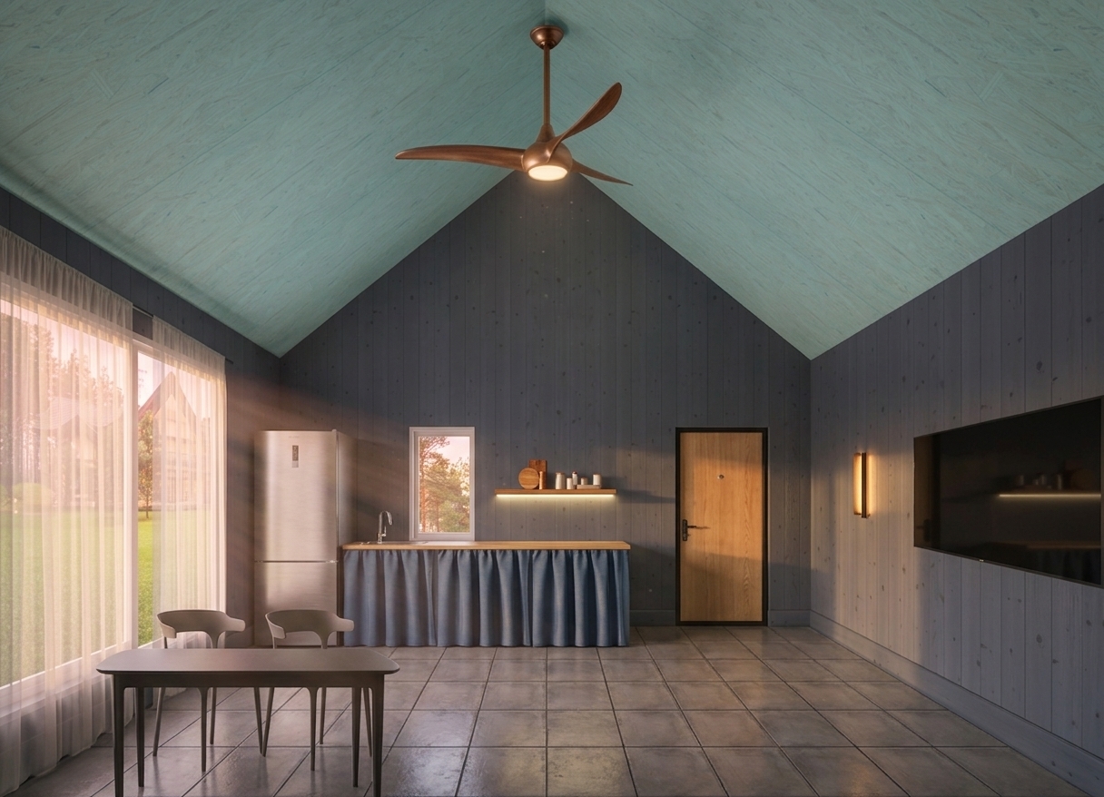 A professional, wide-angle architectural photograph captures this cozy cabin interior during a warm spring sunset, preserving the exact layout, composition, and camera perspective. Soft, low-angled golden-hour sunlight streams through the large sliding glass doors on the left, casting long, gentle shadows across the textured, matte grey concrete floor tiles. Outside, a lush green spring meadow and a wooden cabin are bathed in the warm, orange-and-pink glow of the setting sun. The interior walls feature vertical wood paneling in a rich, dusty blue-grey, showcasing subtle grain patterns, fine knots, and authentic plank seams. The vaulted ceiling is painted a pale turquoise, revealing a delicate wood grain under a soft, non-reflective finish. Inside, warm, inviting light glows from the walnut-bladed ceiling fan, the minimalist wall sconce, and the under-shelf strip, creating a serene balance between interior warmth and the fading natural light. Realistic material physics are visible throughout, of the soft, natural folds in the blue linen kitchen curtain, the brushed metal texture of the stainless steel refrigerator, and the smooth grain of the light oak door. The image has the natural look of a real photograph, complete with a hint of lens bloom, subtle chromatic aberration near the frame edges, and fine, organic dust catching the light.