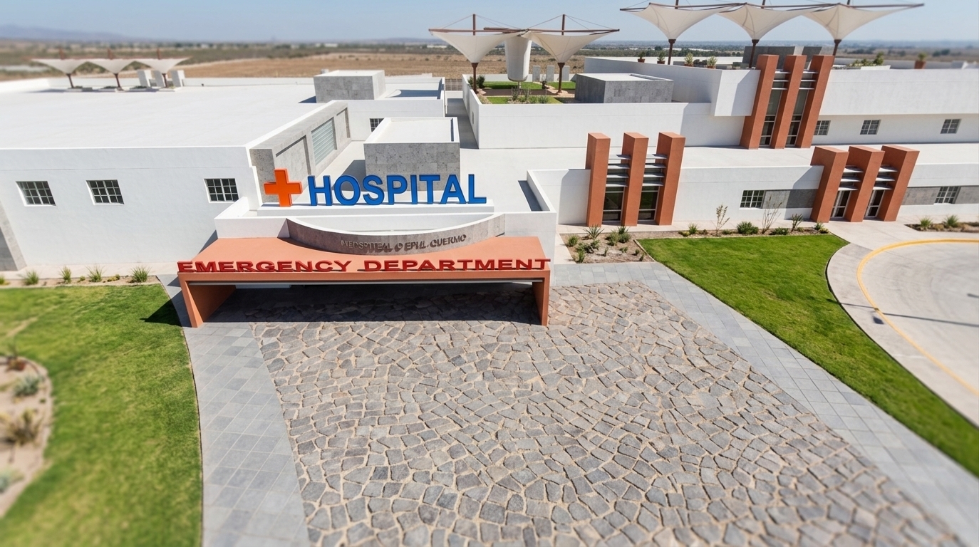 An incredibly lifelike, richly detailed, photorealistic wide-angle architectural photo of a modern, minimalist medical facility designed as a serene sanctuary, set in a clean, open environment. The scene is illuminated by the bright, direct light of midday, creating a crisp, high-contrast, and serene atmosphere with dramatic, sharp shadows cast across the foreground plaza. Captured with a professional tilt-shift lens, emphasizing the clean structural geometries, streamlined blocks, and rich material textures. 

The exterior of this elegant "minimalist haven" features pristine white stucco walls contrasted by gray stone accents and bold, textured terracotta-colored block pavilions. A prominent blue "HOSPITAL" sign with a vibrant red cross sits atop the entrance, while a sleek, streamlined orange canopy marks the "EMERGENCY DEPARTMENT" below. The foreground consists of an organic, textured cobblestone driveway rendered in warm, earthy tones, seamlessly transitioning into smooth gray pavers and lush, manicured green lawns. On the upper terraces, zen-inspired white and brown tensile canopies rise like sculptural umbrellas, shading minimalist outdoor lounges accented with small, neatly arranged green plantings that bolster the facility's calm, uncluttered, and functional aesthetic.