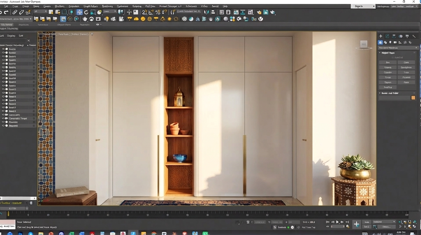 An incredibly lifelike, richly detailed, photorealistic straight-on medium shot of a luxurious walk-in closet set in a sun-drenched summer villa. The scene is illuminated by bright, golden midday summer sunlight streaming in from an unseen window, creating a warm, exotic, and sensual atmosphere. Captured with a professional architectural camera and 35mm prime lens, the image emphasizes the intricate textures of the carved warm-toned wood and the flawless, sleek finish of pristine white closet panels. Adhering to a "Moroccan Mystique" aesthetic, the minimalist structure of the wardrobe is elevated by surrounding details: the adjacent walls are adorned with vibrant geometric wall art in rich shades of deep blues, terracotta reds, and metallic golds, while elegantly carved wooden and metal furniture sits nearby. A coffee-table photography book lies open on a patterned ottoman, flanked by ornate Moroccan decor pieces, while lush indoor plants in brass planters bring a fresh, natural element into this deeply textured, vibrant Middle Eastern-inspired sanctuary.