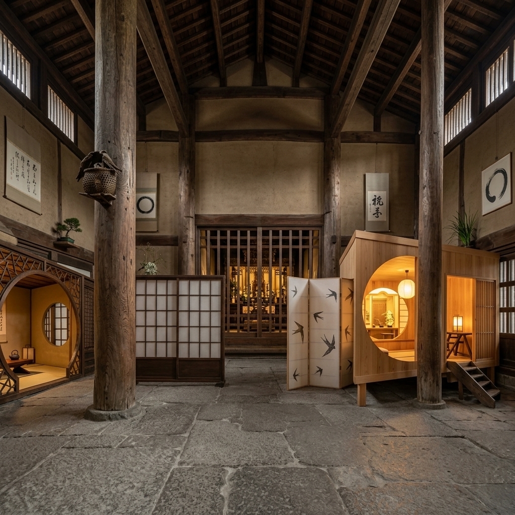 An incredibly lifelike, richly detailed, photorealistic wide-angle interior architectural photo of a private onsen lounge and zen temple sanctuary set in a soaring, historic wooden hall. The scene is illuminated by soft, low-key ambient daylight filtering from high clerestory windows and the warm, golden glow of Japanese paper lanterns from within integrated wooden micro-cabins, creating a tranquil, wabi-sabi, and deeply meditative atmosphere. Captured with a high-end medium format camera and a 24mm tilt-shift lens, emphasizing the weathered grain of massive ancient timber pillars, the coarse texture of the irregular gray flagstone floor, and the smooth, pale cedar of the minimalist inserts. 

This balanced and harmonious space, suitable for a luxury architectural photography book, showcases an uncluttered, minimalist layout with a palette of warm neutrals, deep blacks, and soft natural greens from delicate indoor plants placed in quiet corners. Inside the raised, geometric wooden micro-structures, low wooden furniture and flat tatami mats provide simple, clutter-free surfaces for contemplation. Subtle Japanese calligraphy wall art hangs on the textured earthen walls, while the circular "moon window" kutouts frame intimate, dimly-lit chambers designed for absolute calm and relaxation.