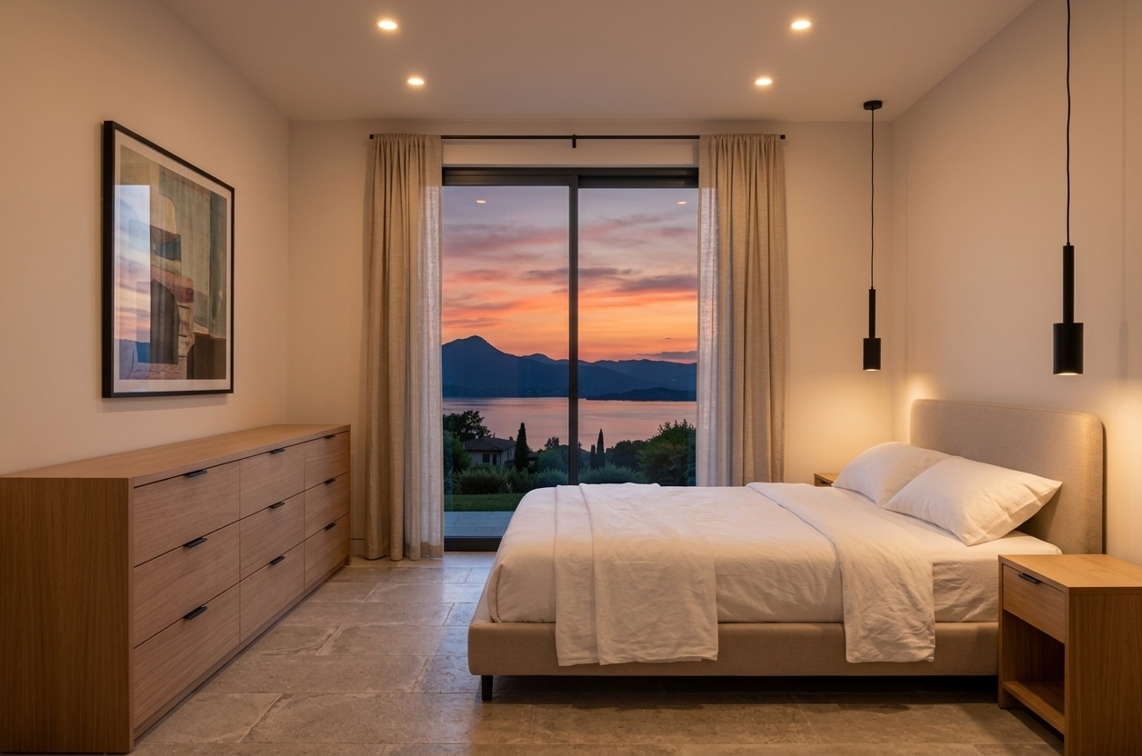 An incredibly lifelike, richly detailed, photorealistic wide-angle interior photo of a modern fusion hotel room set on a scenic lakeside hill during a balmy summer dusk. The scene is illuminated by the soft, warm golden glow of recessed ceiling spotlights and elegant matte black pendant lights, creating a deeply serene, intimate, and cozy atmosphere. Captured with a professional 35mm lens, emphasizing the fine smooth grain of the modular wooden furniture, the delicate texture of the draped beige linen curtains, and the pristine linen bedding, this composition captures a perfect balance of contemporary luxury. To the right, a low-profile upholstered bed sits ready between minimalist wooden nightstands, while a sleek, long-line dresser runs along the opposite wall beneath a stylishly framed abstract wall art piece. Through the massive floor-to-ceiling sliding glass doors, a breathtaking summer twilight unfolds, painting the sky in vibrant shades of orange, pink, and dusky purple over a calm lake and distant mountain silhouette, framed by hints of lush dark greenery in the foreground.