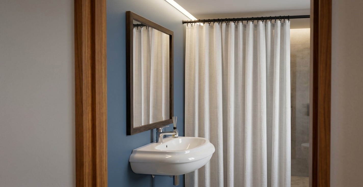 An incredibly lifelike, richly detailed, photorealistic interior photo of a sleek vanity area set in a contemporary hotel bathroom. The scene is illuminated by soft, warm diffused lighting, creating a tranquil and inviting atmosphere. Captured with a 35mm lens, emphasizing the contrast of rich wood textures and crisp ceramic surfaces, this modern fusion design is framed through a polished teak wood doorway. The compact space features a wall-hung, glossy white porcelain basin fitted with a minimalist chrome faucet. Directly above, a rectangular mirror encased in a dark-stained timber frame acts as a warm focal point against a smooth, slate-blue accent wall. To the right, a premium, textured white linen shower curtain hangs in perfect, soft pleats from a matte black metal rod, adding a touch of tactile luxury to the functional, elegant space.