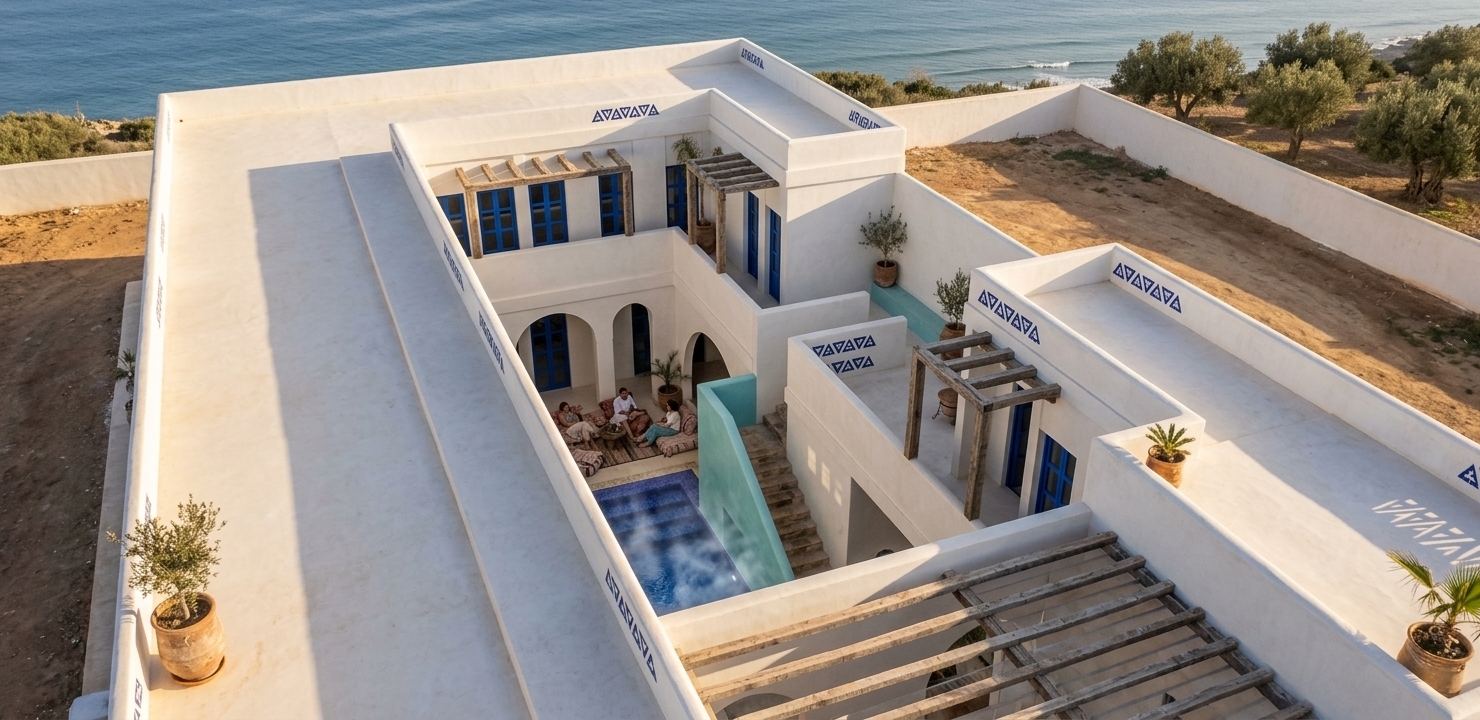 An incredibly lifelike, richly detailed, photorealistic high-angle interior courtyard shot of a boutique Moroccan hotel and Mediterranean retreat set in a sunny, secluded coast. The scene is illuminated by the soft, golden glow of warm afternoon light casting long, geometric shadows, creating a serene and restorative atmosphere. Captured with a 24mm f/2.8 lens, emphasizing the chalky, clean texture of the hand-plastered white walls and the vibrant cobalt blue of the window profiles...

In the heart of this tranquil sanctuary, the central blue basin is realized as a steaming, mosaic-tiled pool reminiscent of a traditional onsen, reflecting the brilliant sky above. Under the cool shade of the ground-floor archways, several guests rest on plush bohemian cushions and woven rugs, quietly conversing in the peaceful air. A stone staircase winds upward past an accent wall painted in a soft turquoise hue, leading to upper-level terraces where rustic wooden pergolas filter the intense desert sun into delicate zebra-stripes of light and shadow across the clean white architecture.