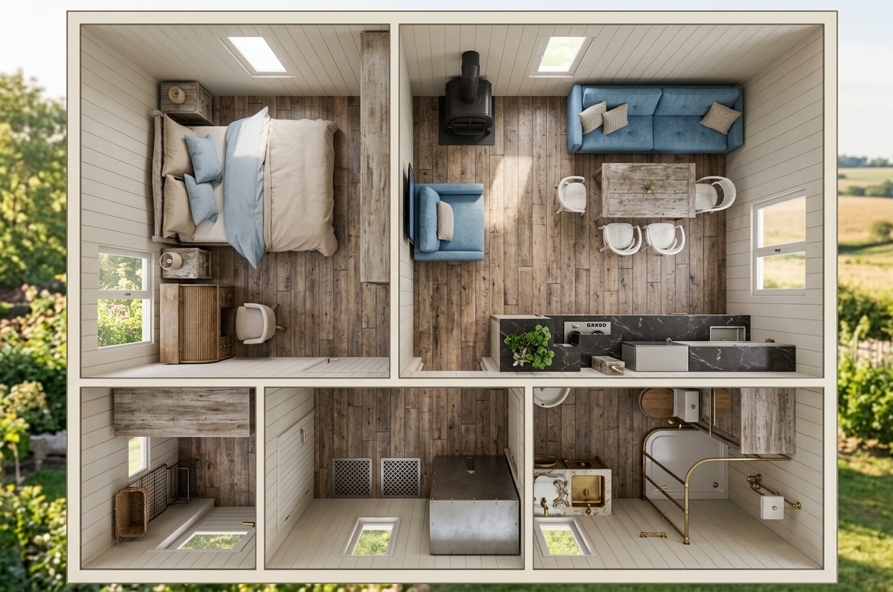 An incredibly lifelike, richly detailed, photorealistic top-down architectural floorplan photograph of a charming single-story French country cottage set in a tranquil, sun-drenched pastoral countryside. The scene is illuminated by soft, diffuse natural light pouring through the windows, creating a warm, romantic, and inviting atmosphere. Captured with a professional medium-format camera and a high-precision tilt-shift lens, emphasizing the weathered wood-grain paneling of the floors, the elegant textures of distressed furniture, and the soft cotton linens. The layout reveals an elegantly arranged interior featuring a cozy bedroom dressed in warm neutral and soft blue bedding, alongside an open-plan living and dining area complete with a plush cerulean upholstered sofa and matching armchair, a rustic weathered wooden dining table with provincial white chairs, and a classic black cast-iron hearth stove. A sleek kitchen with dark marble countertops, a clean bathroom with vintage brass fixtures, and lovingly placed indoor plants complete this cottage-inspired, photography-book-worthy design.