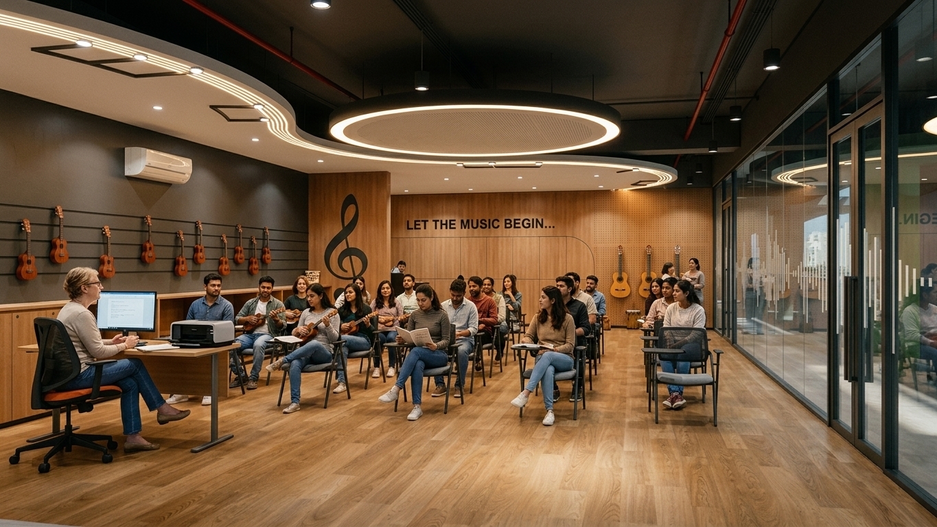 A candid photograph of this modern music classroom, now bustling with a diverse group of students sitting in the mesh chairs and an instructor at the front desk, captured with a professional wide-angle lens. The scene is illuminated by the soft, realistic glow from the large circular overhead light and warm recessed spotlights, casting gentle, soft-edged shadows across the light-colored oak flooring. Natural wood grain on the walls and floor exhibits realistic micro-textures, with subtle scuffs and varying grain patterns. The people are captured in natural, unposed analytical stances, some looking towards the front and others subtly interacting, creating a lively workshop atmosphere. The polished bodies of the hanging ukuleles and guitars glint under the warm light, showing fine wood finish details. Soft, realistic reflections and minor smudges are visible on the large glass partition to the right, adding depth to the scene. The photograph has a natural color balance with a trace of warm color temperature, a very gentle depth of field, and a subtle touch of analog film grain to capture the authentic, lived-in feel of a real-world educational space.
