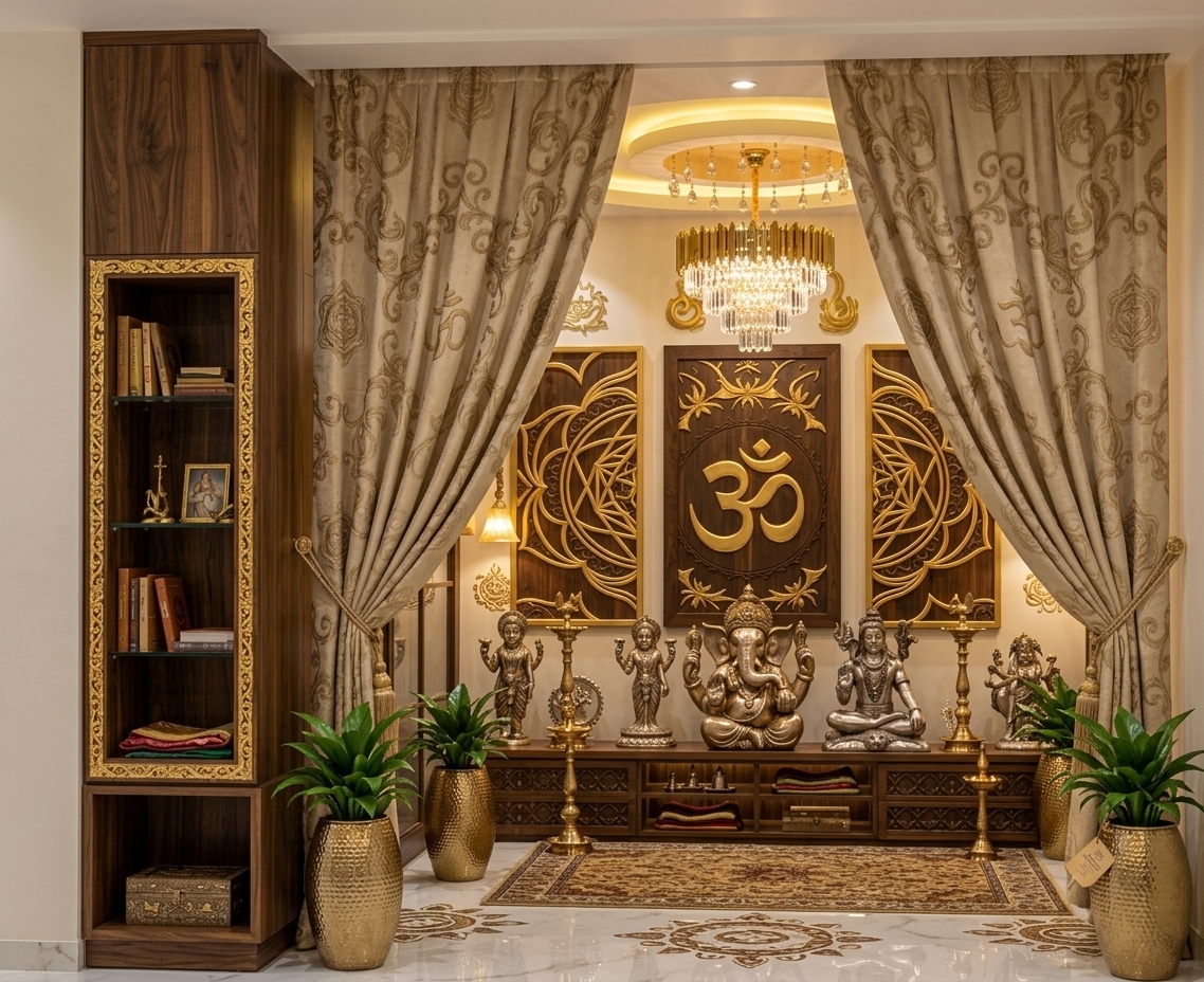 An incredibly lifelike, richly detailed, photorealistic interior photo of a luxurious private Hindu temple sanctuary set in a glamorous, high-ceilinged attic suite. The scene is illuminated by soft, warm integrated LED strip lights, a glowing recessed circular ceiling cove, and a sparkling multi-tiered crystal and gold chandelier, creating an opulent, serene, and deeply meditative atmosphere. Captured with a professional 35mm lens, emphasizing the rich walnut wood grains, glistening gold-leaf carvings, and highly reflective polished white marble floor textures, this space masterfully blends traditional spirituality with Art Deco glamour. Symmetric, heavy champagne-gold damask curtains with intricate brocade detailing frame a breathtaking altar, which features a central dark wood panel bearing a golden 'Om' symbol, flanked by golden geometric starburst carvings. A collection of exquisitely crafted brass and silver deities, including Lord Ganesha and Lord Shiva, rest upon a low, intricately carved wooden cabinet, while textured metallic gold planters holding vibrant green foliage anchor the foreground, reflecting the warm, ambient light of this meticulously designed sacred haven.