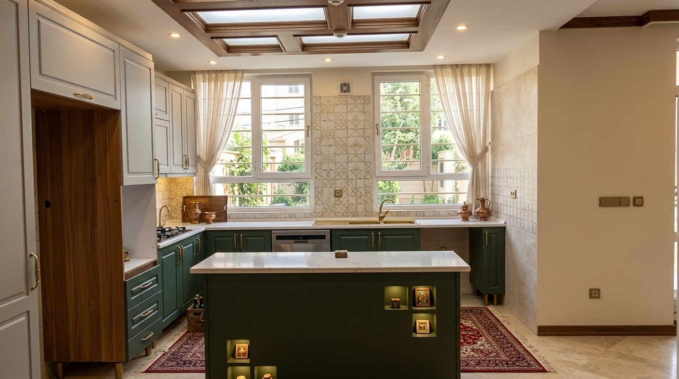 An incredibly lifelike, richly detailed, photorealistic wide-angle interior photography shot of a lavishly redesigned Persian-inspired Neo-Classical kitchen set in a luxurious, warm residential home. The scene is illuminated by soft, golden interior LED spotlights under the cabinets combined with abundant natural daylight pouring through two large windows, creating a welcoming, culturally rich, and highly sophisticated atmosphere. Captured with a professional 35mm tilt-shift architectural lens, emphasizing the intricate textures of a magnificent woven wool carpet, the smooth satin sheen of cedar-green cabinetry, and the gleaming brass inlay work, this redesign strictly preserves the original footprint and the exact position of the central kitchen island. 

The cabinetry features elegant Neo-Classical moldings finished in a sophisticated palette of deep cedar green on the lower bases and island, contrasted beautifully by light-grey upper cabinets, all accented with custom brass handles displaying delicate Persian motifs. Every appliance—the refrigerator, stovetop, dishwasher, and microwave—is seamlessly integrated behind matching wood paneling for an uncluttered finish. Between the cabinetry, a stunning backsplash features custom geometric-patterned tiles in cream and soft gold, harmonizing with the luxurious white quartz countertops. Directly behind the island, a magnificent, large Persian carpet in deep lacquer red and warm cream tones is meticulously laid out on the light travertine floor, grounding the space with ancestral warmth. The large double windows are framed with sheer, open linen curtains, inviting a view of lush garden foliage and bright, natural daylight that perfectly highlights the harmonious proportions and rich cultural soul of this reimagined culinary haven.
