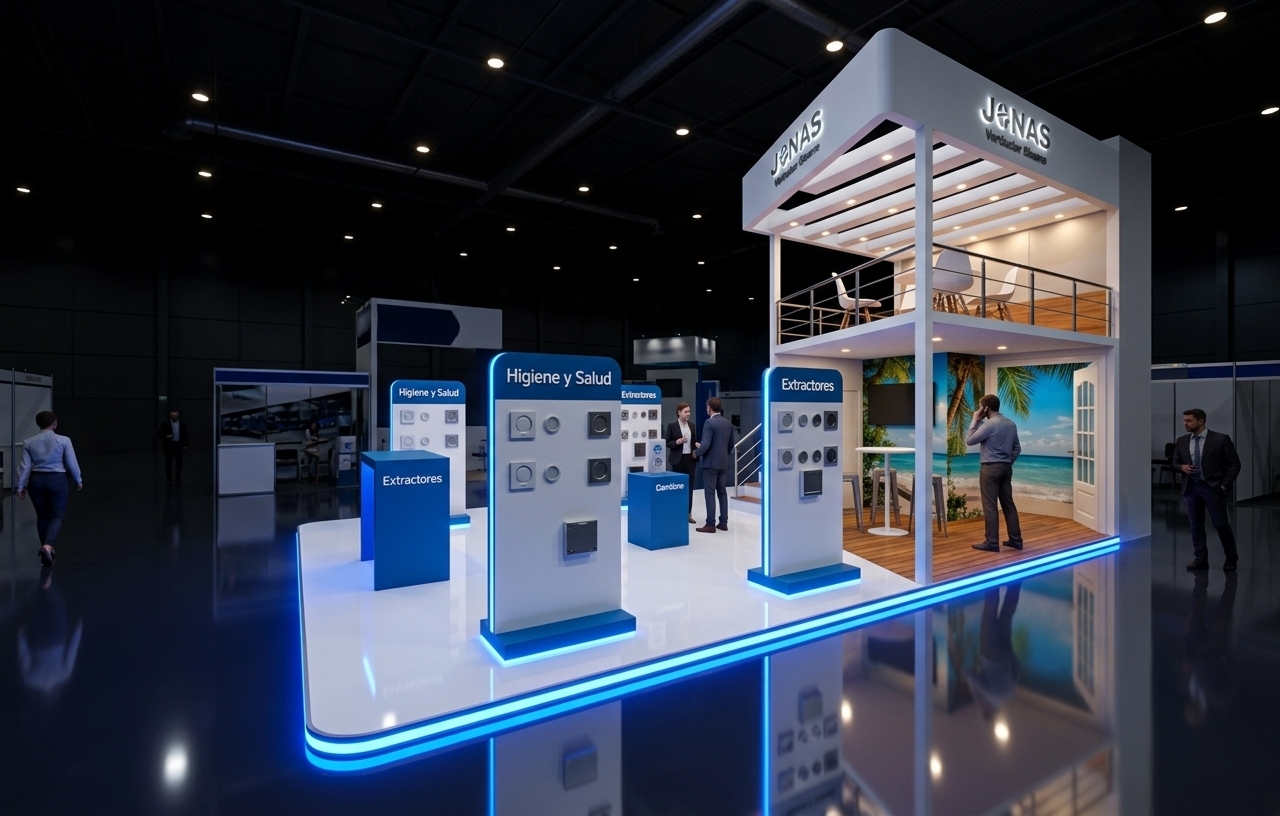 An incredibly lifelike, richly detailed, photorealistic high-angle interior shot of a sophisticated two-story commercial exhibition stand set in a dark, expansive modern trade show hall. The scene is illuminated by intense, vibrant blue LED strip lights outlining the glossy white floor platform and display modules, paired with soft, warm indirect ambient light from integrated ceiling spotlights, creating a futuristic "techno wonderland" atmosphere. Captured with a professional wide-angle architectural lens, the rendering emphasizes the flawless, mirror-like reflections on the polished main floor, the rich texture of the warm teak wood flooring in the lounge area, and the crisp, matte-finished blue and white brand paneling. 

This high-end architectural visualization features diverse groups of business professionals seamlessly integrated into the scene—some discussing products inside the booth's cozy ground-floor meeting nook and upper-level mezzanine, while others stroll past along the dark, reflective outer aisles. The main ground floor features meticulously detailed product display totems showcase sleek ventilation equipment, labeled with crisp "Higiene y Salud" and "Extractores" signage. On the right, a warm meeting space opens up with a tropical beach mural backdrop, adding depth next to the staircase leading to the upper deck, where elegant white chairs stand beneath pristine white linear ceiling slats. Every element, from the brushed steel handrails to the glowing brand logos, is rendered with cinematic 4K clarity, capturing a perfect balance of technology, design, and life.