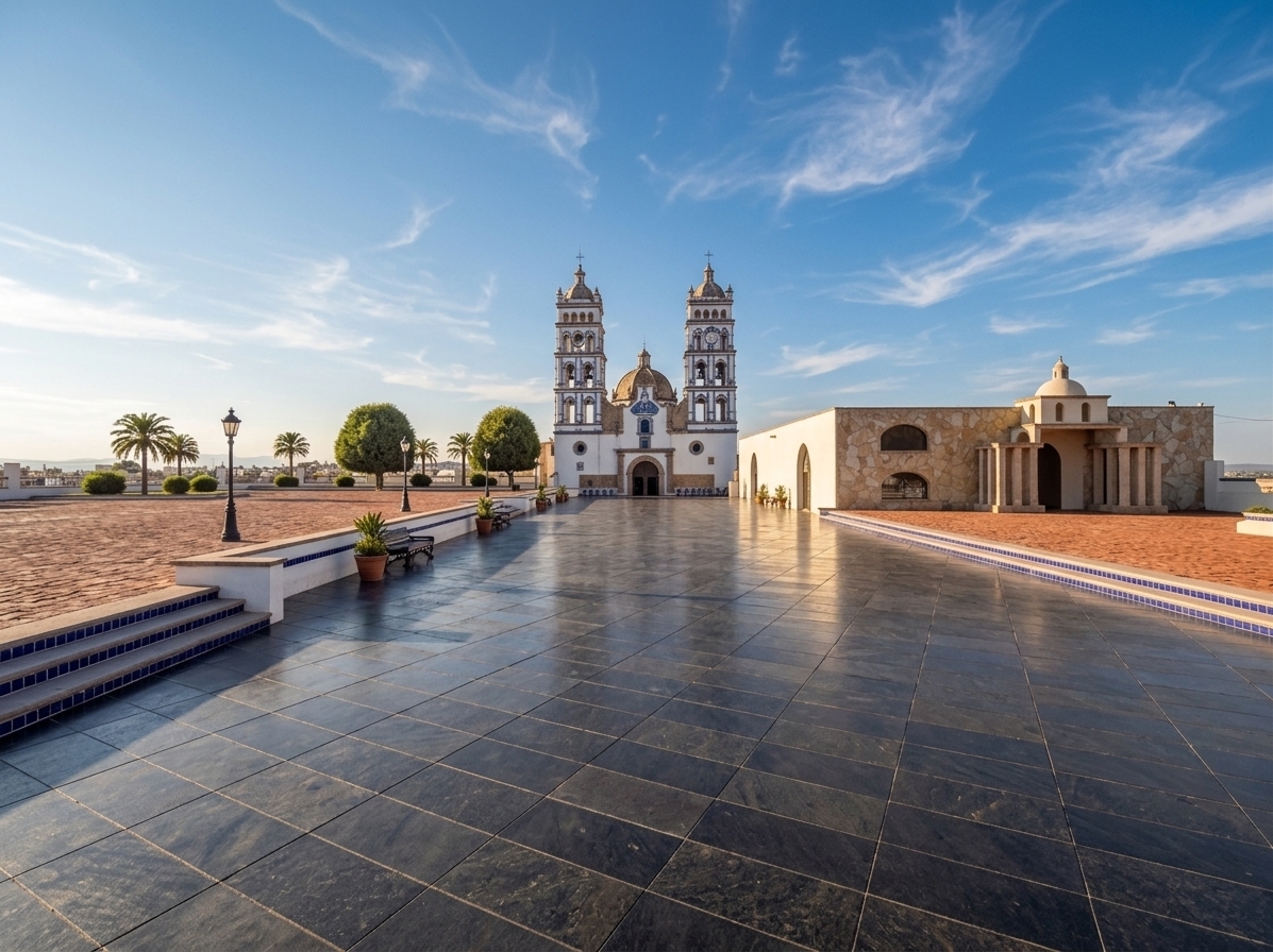 An incredibly lifelike, richly detailed, photorealistic wide-angle architectural photograph of the grand entrance plaza of a historic Latin American-style church set in a spacious, sunny public square. The scene is illuminated by bright afternoon sunlight from a high angle, creating a vibrant and welcoming atmosphere. Captured with a professional 24mm tilt-shift lens, emphasizing the rich, tactile stone textures, geometric alignment, and the crisp contrast of colors.

The expansive central promenade is paved in premium black cantera stone, precisely cut into large rectangular slabs that exhibit a subtle matte sheen and natural mineral variations under the sunlight. On either side, the ground elevates slightly into plazas surfaced with rustic terracotta-red cobblestones, adding a warm, earthy contrast to the dark central path. The low dividing walls and wide steps are finished in crisp white plaster with striking cobalt blue tile accents that define their clean edges. In the background, the magnificent twin-towered church stands proudly with elaborate white-and-blue colonial detailing, flanked to the right by an auxiliary building featuring a textured, rustic cladding of beige flagstone in lajas. Classic black iron street lamps, manicured potted plants, and tall palm trees frame this majestic cultural pathway, leading the eye directly toward the sanctuary's grand arched entrance.