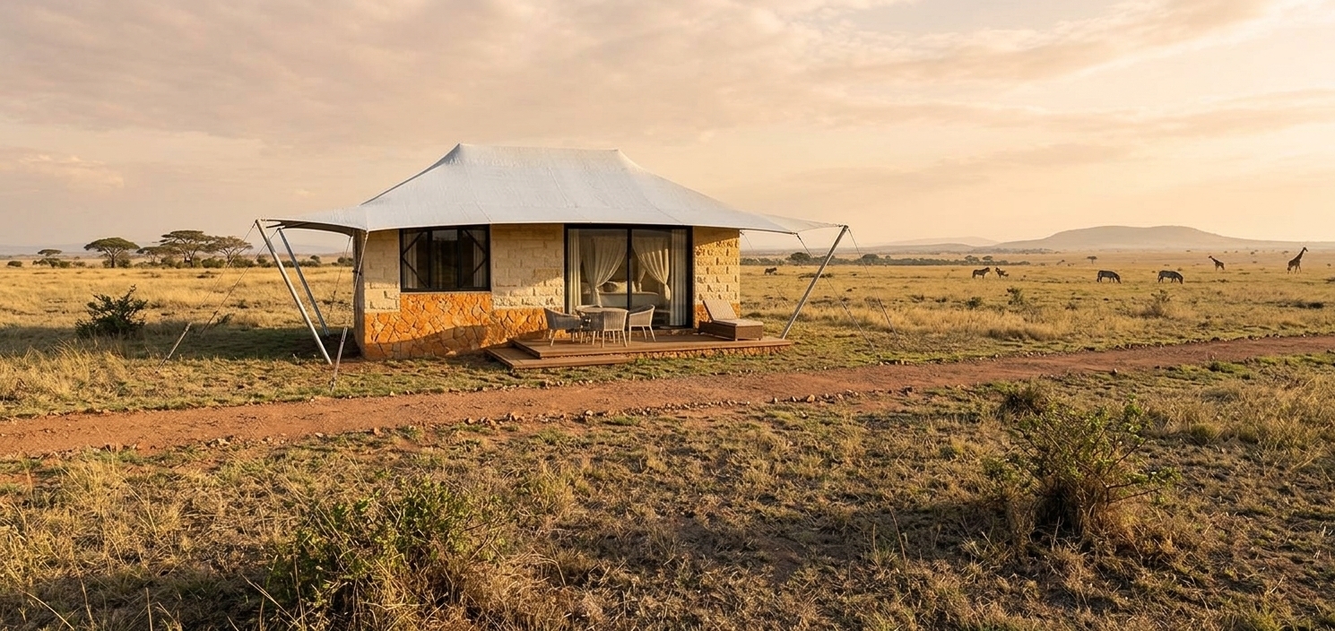 A photorealistic safari photograph of the tented resort lodge situated in the dry, sun-drenched savanna grasslands of Amboseli National Park during the warm golden hour. The structure's precise geometry and composition are preserved exactly as in the reference image, featuring a heavy-duty textured white canvas roof tensioned by thin steel posts and wires. The lodge walls are constructed from clean, machine-cut pale yellow sandstone blocks, grounding into a rough-textured, natural orange-brown stone cladding skirting at the base. In front of the black-framed sliding glass doors is a weathered teak wood deck holding a simple outdoor dining set and a single lounge chair. The diagonal path in the foreground is rendered as a natural, dusty red-clay walking path with loose pebbles and fine dust. The flat green areas are transformed into authentic, sparse African wild grasses and dry shrubs, while the empty background opens up to a vast Kenyan landscape filled with distant flat-topped acacia trees, soft undulating hills on the far horizon, and tiny silhouettes of grazing zebras and a giraffe under a warm, hazy sky. The low-angle golden sunlight casts long, soft shadows, beautifully highlighting the micro-textures of the stone masonry, the weave of the canvas, and the dry, warm atmosphere of the savanna.