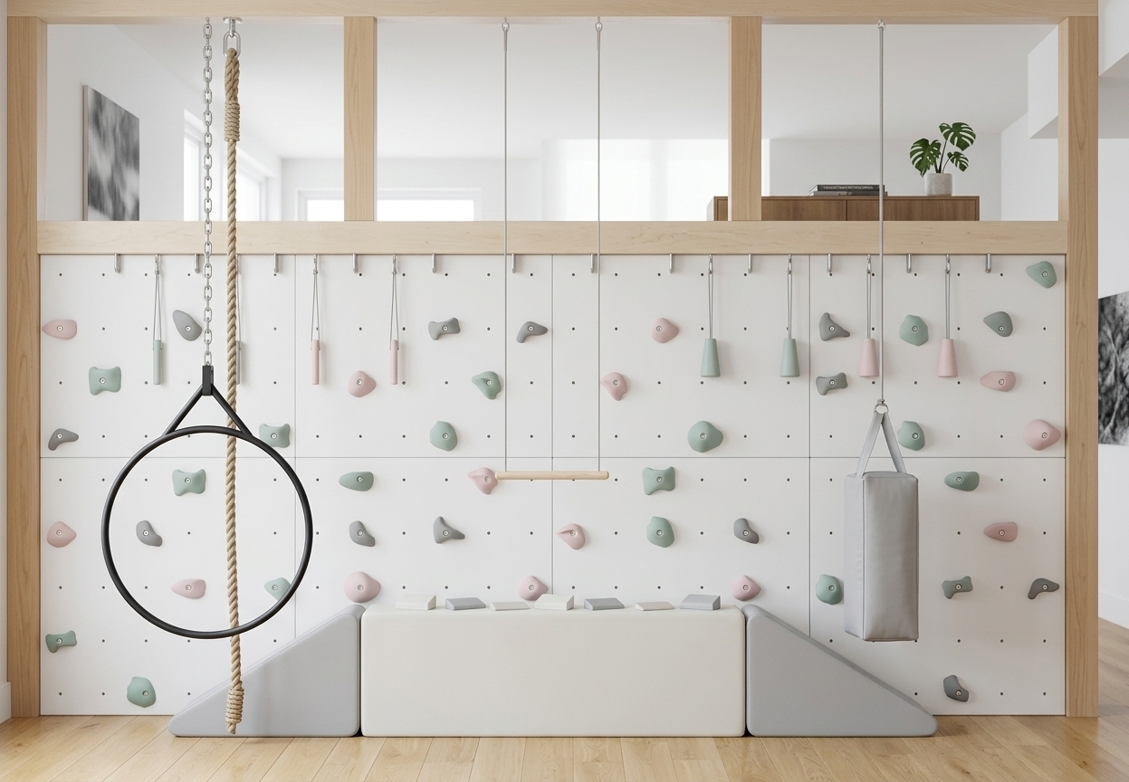 An incredibly lifelike, richly detailed, photorealistic eye-level shot of a modern, multi-functional indoor climbing and activity wall set in a spacious, serene minimalist gaming room during a bright spring midday. The scene is illuminated by soft, diffused natural daylight streaming in from large windows, creating a peaceful, Zen-inspired atmosphere. Captured with a professional 35mm lens, emphasizing the smooth satin finish of natural wood, the fine grain of pale birch panels, and the sleek textures of powder-coated steel, the composition showcases an arrangement of climbing holds in dusty mint, soft gray, and pale pastel pink, perfectly aligned on a pristine white-paneled accent wall. On the left, a matte-black steel aerial hoop hangs elegantly from a heavy-duty polished chain alongside a thick, natural-fiber climbing rope, while a sanded ash wood trapeze bar hangs at the center from slim, high-tension cords. To the right, a rectangular minimalist bolster bag in light gray leather suspends neatly over streamlined, custom-molded light gray and off-white foam safety ramps that hug the polished light oak floorboards. In the softly blurred background of this clutter-free haven, a sleek low-profile wooden credenza holds a beautifully bound photography book and a small, vibrant green potted monstera plant, while a subtle, monochromatic piece of abstract wall art hangs on the adjacent stark white wall, completing this highly functional, streamlined, and elegant modern sanctuary.