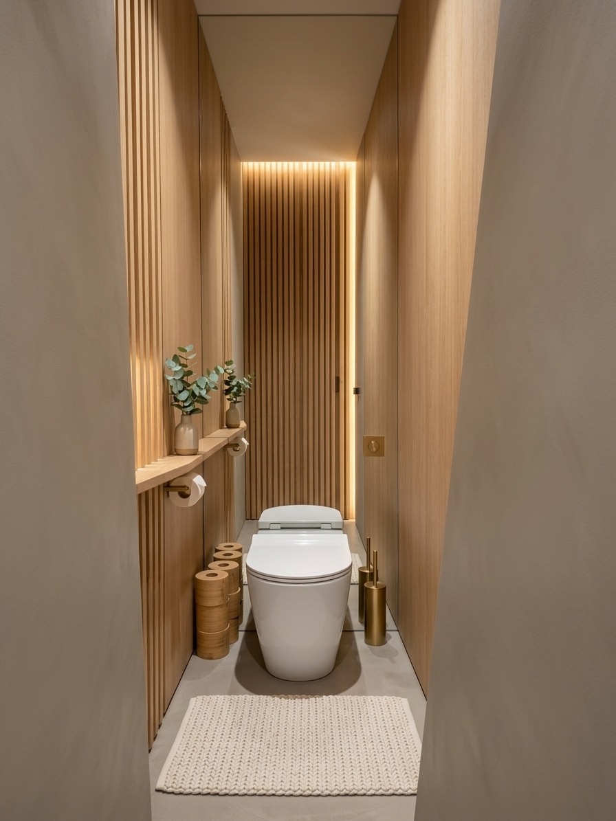 An incredibly lifelike, richly detailed, photorealistic medium shot of a reimagined, compact contemporary toilet room set in a sophisticated modern apartment. The scene is illuminated by soft, warm golden sunrise-like light filtering from hidden LED accent strips behind vertical wood slats, creating a serene, high-end, and sanctuary-like atmosphere. Captured with a professional architectural 24mm wide-angle lens, emphasizing the velvety texture of the matte greige walls, the rich organic grain of the natural oak wood panels, and the sleek, pristine porcelain surfaces.

This thoughtful redesign transforms a tight utility space into a stunning powder room without requiring major demolition or tiling. The side walls are finished in a luxurious, warm grey paint with a subtle, ultra-matte texture that diffuses light beautifully. The back wall is completely transformed into a statement feature, clad in vertical natural oak slats that mask the utility panel behind a seamless, touch-to-open hidden wooden door. 

Replacing the basic toilet is a sleek, modern floor-mounted toilet with clean, geometric lines and a soft-close lid, fitting gracefully into the space. Above and to the side, storage is cleverly integrated through a floating oak shelf that perfectly matches the accent wall. This shelf gracefully holds a small ceramic vase with fresh eucalyptus leaves and neatly stacked rolls of natural bamboo toilet paper. 

To the side, a designer toilet paper holder in brushed brass adds a touch of contemporary elegance, coordinating beautifully with a matching brass flush button and a minimal, cylindrical brass toilet brush holder. The floor is lined with large-format concrete-look vinyl or microcement in a matching warm grey tone, topped with a luxurious, heavy-knit cream cotton floor mat that invites comfort underfoot. The vertical lines of the wood paneling draw the eye upward, celebrating height and volume, turning a once-cramped corner into a functional, breathtaking design triumph.