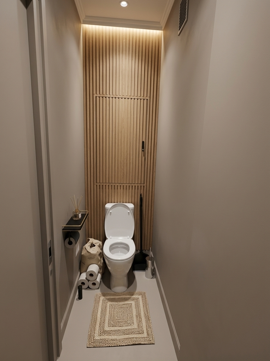 An incredibly lifelike, richly detailed, photorealistic wide-angle interior shot of a reimagined contemporary powder room set in a modern home. The scene is illuminated by warm, indirect LED backlighting concealed behind a floating wall panel and a soft recessed ceiling spotlight, creating a serene, high-end, and cozy atmosphere. Captured with a 24mm lens, emphasizing the ultra-matte velvet texture of the paint and the elegant metallic hardware, the space undergoes a dramatic "wow" transformation without the use of tiles. 

The walls and the seamless floor are expertly finished in a durable, matte Tikkurila Euro Power 7 paint in the sophisticated, warm greige shade "Shawl Y467," creating a unified, sculptural envelope. To add texturing and depth, the main accent wall behind the modern white toilet features elegant, vertical fluted oak panels that rise to the ceiling, cleverly concealing the utility door. All clutter is completely cleared away. On the side wall, the old holder is replaced with a sleek, minimalist black-and-gold shelf that holds a small reed diffuser, with a matching matte black toilet paper dispenser integrated beneath it. This minimalist composition balances clean contemporary lines with tactile warmth, offering a luxurious, uncluttered sanctuary.