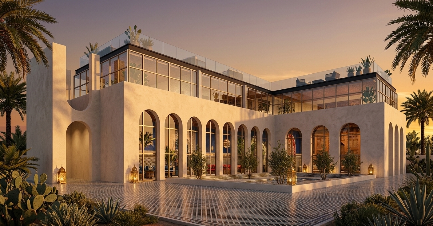 An incredibly lifelike, richly detailed, photorealistic wide-angle exterior shot of a modern luxury villa infused with Moroccan mystique set in a lush, high-end desert oasis. The scene is illuminated by the warm, golden-orange glow of a setting sun and soft, ambient interior lighting, creating a sensual, exotic, and highly atmospheric atmosphere. Captured with a professional 35mm tilt-shift lens, emphasizing the tactile quality of the hand-plastered warm-white exterior walls, the intricate geometric zellige tiled floor of the courtyard, and the rich textures of the interior decor visible through towering arched windows. The L-shaped architectural masterpiece seamlessly blends minimalist modern geometry with traditional Middle Eastern motifs, featuring a rhythmic colonnade of high, elegant arches that reveal hints of the vibrant interior inside, where shades of deep blues, rich reds, and shimmering golds decorate patterned surfaces, carved wooden screen walls, and exquisite metal furniture. Indoor plants and leafy exotic trees peek through the glass, while a delicate glass-enclosed rooftop pavilion adds a layer of contemporary lightness to the top of the residence. In the foreground, a beautifully defined courtyard with manicured, slender olive trees and ornate brass lanterns casts long, dramatic shadows across the space, blending classic Moroccan craftsmanship with cutting-edge modern design.