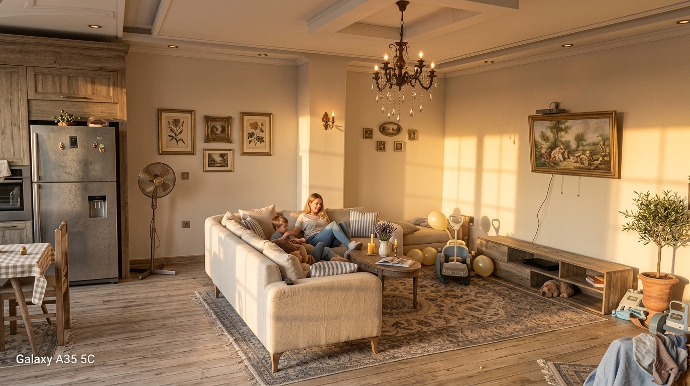 An incredibly lifelike, richly detailed, photorealistic wide-angle interior photograph of an elegantly reimagined living room set in a cottage-inspired home with French country charm. The scene is illuminated by the golden, amber rays of a warm sunset filtering through large paned windows, creating a cozy and romantic atmosphere. Captured with a professional medium-format camera and a 35mm lens, emphasizing the weathered wood grains, tactile linen upholstery, and the delicate patina of vintage decor. The space is beautifully transformed with a color palette of warm neutrals, soft blues, and pastel yellows. A plush, cream-colored linen sofa with blue-and-white striped accent pillows replaces the modern gray sectional, arranged on a distressed light oak floor layered with a faded antique rug. Lovingly arranged surfaces like a rustic, distressed wooden coffee table showcase a curated photography book, a vase of fresh lavender, and burning beeswax candles. On the wall, instead of the television, hangs elegant pastoral wall art framed in weathered gold. Lush indoor plants, like a potted olive tree in a terracotta urn, stand in the corner, while French-inspired provincial decor and soft, warm lamplight complete this inviting, timeless sanctuary.