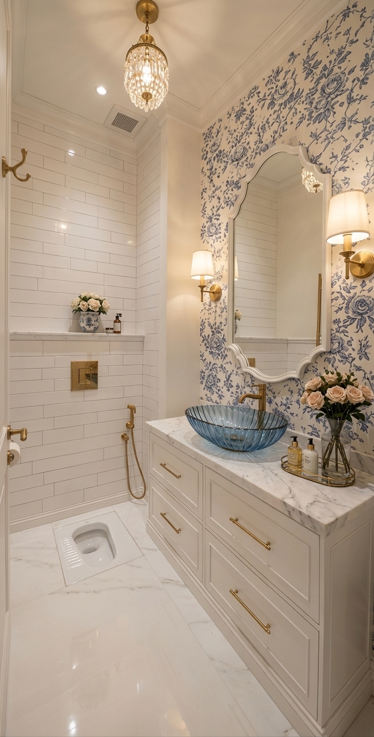 An incredibly lifelike, richly detailed, photorealistic vertical interior architectural shot of an elegant powder room set in a luxury French country home. The scene is illuminated by the soft, warm glow of elegant brass wall sconces and an ornate crystal drop pendant chandelier, creating a serene and sophisticated atmosphere. Captured with a professional wide-angle tilt-shift lens, emphasizing the fine Carrara marble veining, the delicate floral patterns, and the pristine gloss finishes, this beautifully reimagined bathroom maintains its classic charm. 

The white shaker-style vanity features a thick slab of polished Carrara marble topped with a striking, fluted translucent blue glass vessel sink, positioned beneath a white scalloped mirror and framed by classic blue-and-white toile-style floral wallpaper. In place of the western toilet, a pristine white porcelain Persian-Indian style squat toilet is seamlessly integrated into the floor, flanked by a polished chrome bidet spray. With the blue patterned runner completely removed, the space reveals clean, seamless, polished white floor tiles that reflect the room’s warm lighting, amplifying the sense of immaculate detail and airy sophistication.