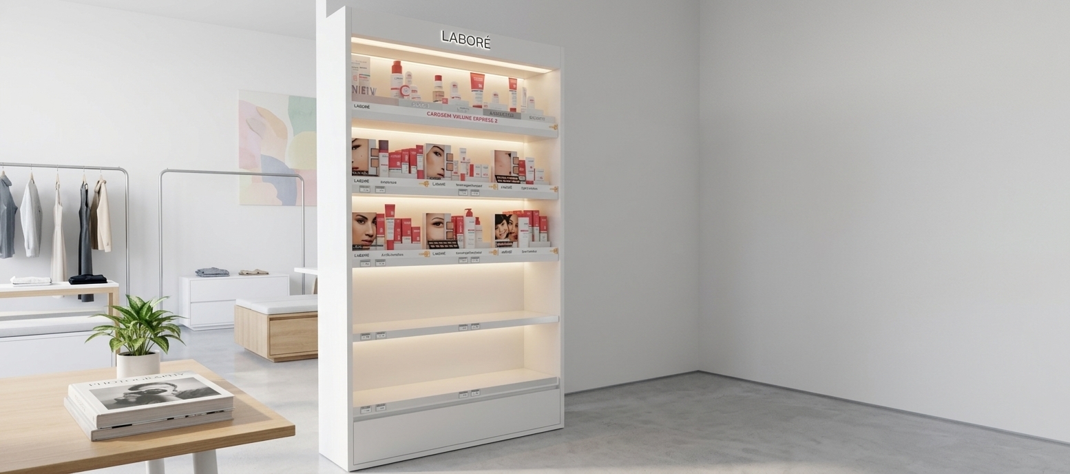 An incredibly lifelike, richly detailed, photorealistic medium shot of a sleek, white 'LABORÉ' cosmetic display unit set in a high-end clothing store and skincare boutique designed as a minimalist haven. The scene is illuminated by soft, diffused daylight and warm, recessed LED accents, creating a serene and inviting atmosphere. Captured with a professional 35mm architectural lens, emphasizing the clean lines of the pristine white cabinetry, the matte textures of the minimalist packaging, and the subtle reflections on the shelf surfaces. This elegant display stands on polished light-gray concrete floors, surrounded by an uncluttered, zen-inspired layout featuring sleek metal clothing racks, low-profile wooden furniture, and minimal decor. In the background, a curated photography book rests on a clean tabletop next to a vibrant indoor plant, while abstract pastel wall art adds a gentle splash of color to the monochromatic white and gray color palette.