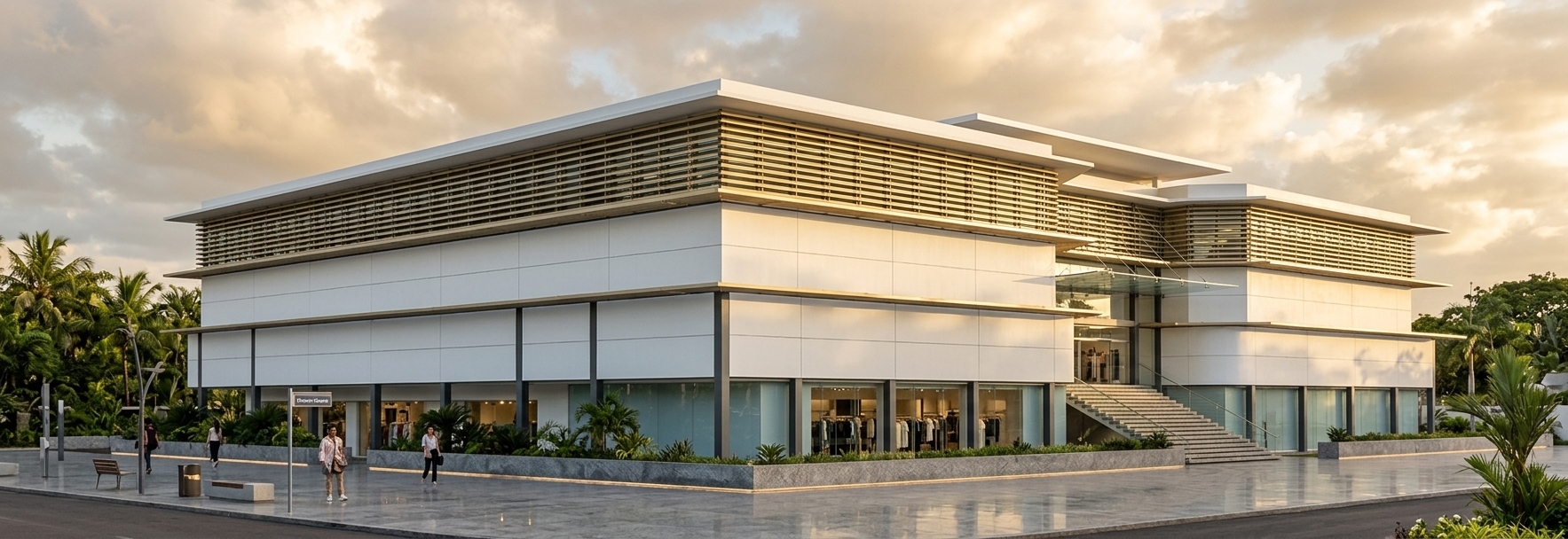 An incredibly lifelike, richly detailed, photorealistic wide-angle exterior shot of a modern fusion flagship clothing store set in a vibrant urban corner plaza. The scene is illuminated by warm, low-angled golden hour afternoon light coming from the right, creating a sophisticated and tranquil atmosphere with long, dramatic shadows. Captured with a professional 35mm tilt-shift lens, emphasizing the crisp geometric lines and highly tactile materials of the building's facade. 

The lower two floors (RDC and R+1) are clad in pristine, large-format white polished concrete panels with fine horizontal joint lines spaced precisely every 60cm. Structuring this base are exposed steel columns painted in an elegant anthracite grey, which frame large floor-to-ceiling glazing panels made of light blue-grey tinted Low-E solar control glass. Above, the upper levels (R+2 and R+3) present a striking contrast, wrapped in horizontal aluminum brise-soleil louvers with a luxurious warm champagne gold anodized finish; spaced 15cm apart, these louvers cast intricate, razor-sharp shadow lines across the facade. The building is topped with a thin, exposed concrete roof overhang painted in clean white. On the right, a grand staircase leads to the main entrance, sheltered by a minimalist canopy of frameless tempered glass suspended by stainless steel tension cables. The entire structure rests on a polished granite grey pavement that subtly reflects the surrounding environment under a tropical blue sky filled with dramatic, glowing clouds.
