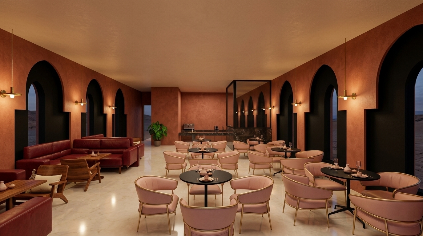 An incredibly lifelike, richly detailed, photorealistic wide-angle interior photo of a Nubian restaurant set in a luxurious desert retreat. The scene is illuminated by the soft, warm glow of elegant minimalist sconces mounted on the columns and a diffused ambient overhead light, creating a welcoming and intimate atmosphere. Captured with a professional 24mm architectural lens, emphasizing the velvety matte texture of the terracotta-hued plaster walls, the polished sheen of the light cream marble floor, and the metallic gleam of gold chair frames, the visualization showcases a masterful blend of earthy tones and modern luxury. On the right, the main dining space features neat arrangements of circular black-topped tables paired with elegant, curved armchairs in a soft blush pink with slender gold-finished legs. This soft palette contrasts beautifully with the left side of the restaurant, which hosts deep crimson-red leather banquette booths and warm-toned wooden lounge chairs. Tall, recessed matte-black arches break up the earthy textured walls, echoing traditional regional architecture with a contemporary twist, while a vibrant, lush green monstera plant in the corner brings a splash of natural color and organic life to this sophisticated, modern oasis.