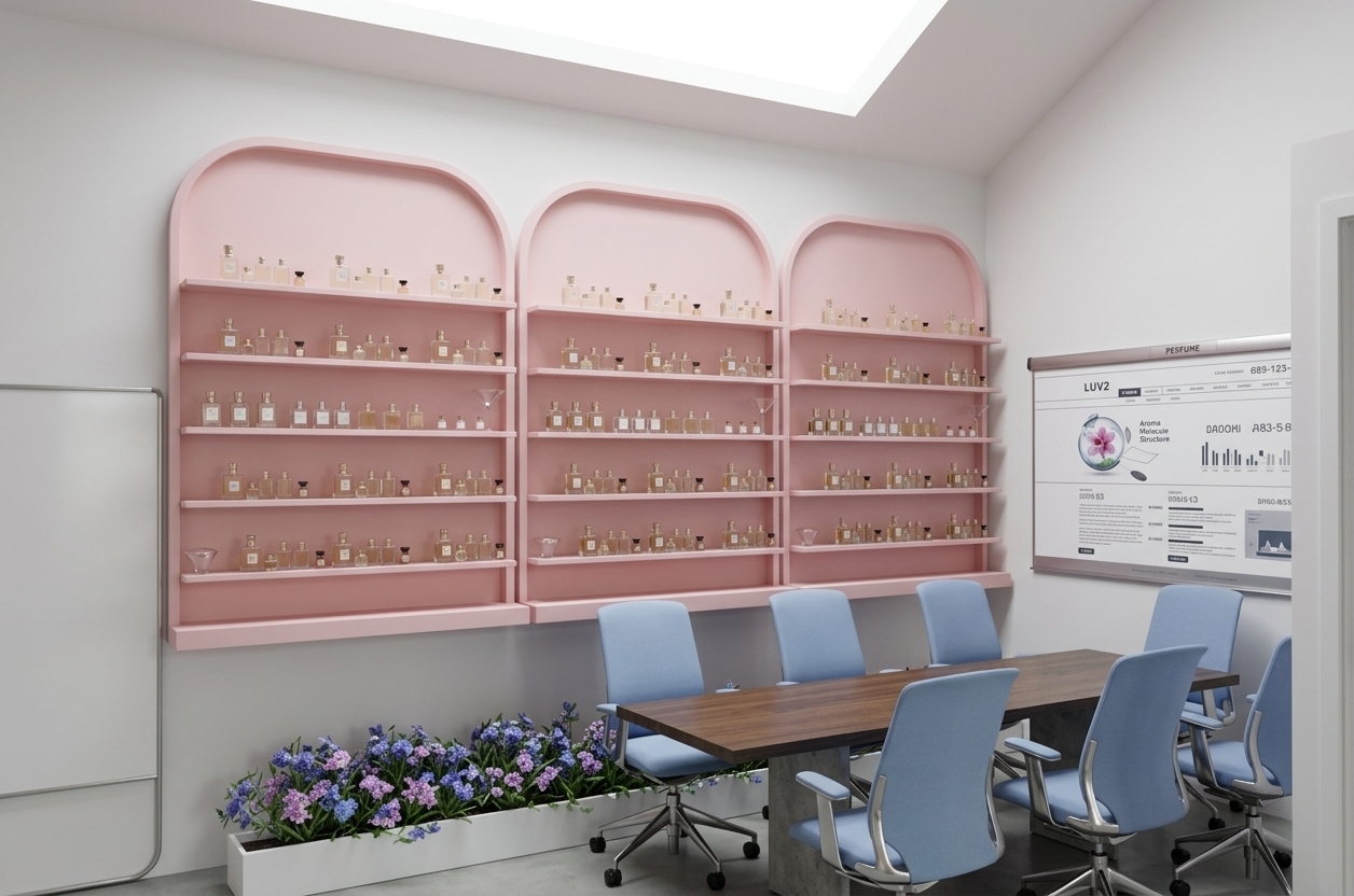 An incredibly lifelike, richly detailed, photorealistic wide-angle interior photo of a chic, modern perfume showroom and meeting room set in a minimalist attic haven. The scene is illuminated by soft, diffuse daylight filtering through a generous rectangular skylight, creating a serene and zen-inspired atmosphere. Captured with a 24mm tilt-shift lens, emphasizing the smooth matte finish of the three prominent pastel-pink arched display shelves lined with delicate perfume bottles, the detailed wood grain of the conference table, and the crisp reflections of the surrounding white surfaces. This streamlined, uncluttered space features sleek metal and wood furniture, highlighted by a dark wooden meeting table resting on a textured gray concrete base, flanked by pastel-blue ergonomic swivel chairs. Providing a touch of organic warmth, a low, minimalist white planter with vibrant purple indoor flowers lines the base of the wall, beautifully contrasting the clean, functional design.