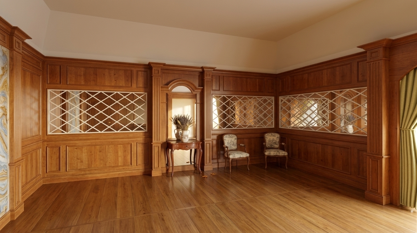 An incredibly lifelike, richly detailed, photorealistic wide-angle interior view of a grand French country mudroom and vestibule set in a pastoral estate during autumn. The scene is illuminated by soft, warm midday sunlight filtering in from adjacent spaces, creating a cozy and inviting atmosphere. Captured with a professional architectural camera and a 24mm tilt-shift lens, emphasizing the rich grain of the polished cherry wood paneling, the reflective lattice mirrors, and the elegant sheen of the hardwood flooring.

This spacious transitional mudroom exudes classic French provincial charm, blending rustic warmth with sophisticated elegance. The walls feature exquisite, masterfully crafted wood paneling and fluted pilasters, framing unique mirrored panels overlaid with delicate white diamond lattice-work that bounces light around the room. To the far left, a stunning marble column panel acts as natural pastoral art, showcasing swirling, organic patterns of gold, warm neutrals, and soft blues. The highly polished hardwood floor reflects the clean lines of a classic white arched niche, positioned perfectly to host vintage wooden and upholstered furniture. Heavy, textured drapes in a soft yellow-green hue hang on the right, completing a weathered yet romantic aesthetic that perfectly captures the heart of French cottage-inspired design.