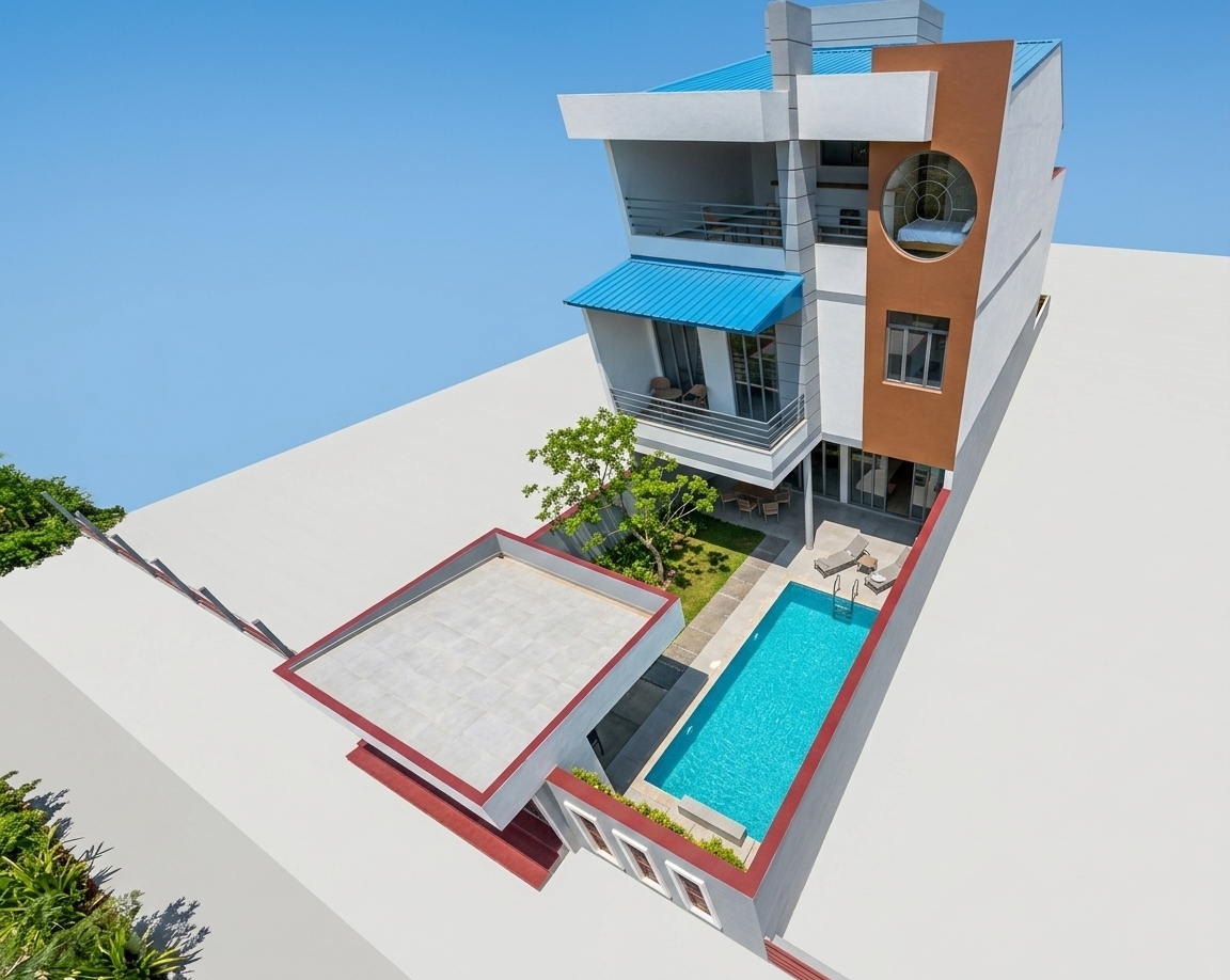 An incredibly lifelike, richly detailed, photorealistic elevated high-angle shot of a modern multi-story villa set in an open, minimal suburban plot. The scene is illuminated by bright, clear midday daylight, creating a vibrant, sharp, and inviting atmosphere. Captured with a professional 24mm wide-angle architectural lens, emphasizing the crisp geometry, smooth plaster textures, and contrasting color blocks. 

True to the original design, the exterior features clean white-and-grey-painted stucco walls juxtaposed with a prominent, warm terracotta-brown vertical accent panel on the right, which highlights a large, circular glass window revealing a top-floor interior. Bright cerulean-blue angled metal canopy roofs provide striking color matching the crystalline turquoise water of the narrow rectangular lap pool below. Outfitted with light grey tiled patios, a small garden pocket with minimal green trees, and low perimeter walls capped in deep red trim, the residence stands isolated on a clean, light-grey paved site with no neighboring buildings and only sparse green landscaping framing the far-left corner. This elegant composition beautifully blends contemporary lines with a polished, sun-drenched, rustic charm under a flawless blue sky.