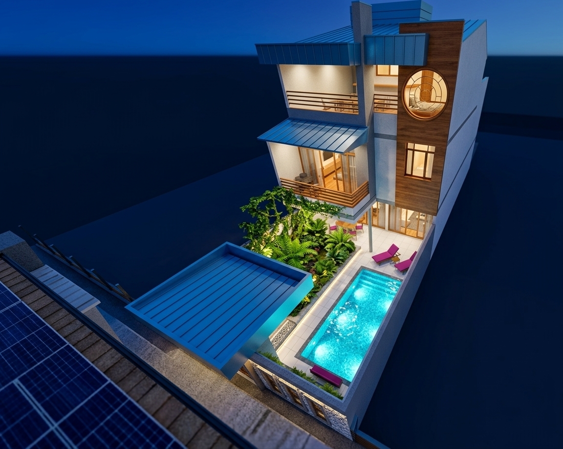 An incredibly lifelike, richly detailed, photorealistic high-angle architectural photo of a modern multi-story townhouse set in a high-tech, techno-wonderland urban oasis. The scene is illuminated by dramatic night lighting, featuring glowing cyan underwater pool LEDs, warm interior uplighting, and soft spotlights highlighting the landscape, creating a futuristic, serene atmosphere. Captured with a high-end tilt-shift lens, emphasizing the crisp geometric lines, polished white concrete, and the shimmering, crystalline reflections on the water's surface...

The sleek residential structure brilliantly preserves its architectural form, showing off textured white and grey stucco alongside a dominant, warm-toned wood-clad panel centered by a large, illuminated circular window showcasing a cozy interior room. Under the deep indigo evening sky, the home's signature azure-blue metallic roofs and awnings gleam with a satin finish, while the private backyard is transformed into a dense, bioluminescent-feeling outdoor garden filled with abundant exotic ferns, leafy shrubs, and climbing vines. The shimmering lap pool glows radiantly, contrasting beautifully with the clean white tiled patio, modern magenta loungers, and warm wooden balcony details above. This captivating outdoor space seamlessly blends cutting-edge modern architecture with a lush, tropical sanctuary.