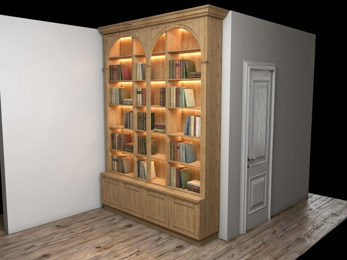 A photorealistic architectural photograph of the classic wooden cabinet in a warm study room, maintaining the exact camera angle, perspective, and composition of the source image. The large arched oak bookshelf is now elegantly filled with a curated collection of books in various muted tones and sizes, with some standing upright and others stacked horizontally, all illuminated by soft, warm integrated LED strip lighting concealed underneath each shelf that emphasizes the rich, natural wood grain. The light wood flooring shows realistic semi-gloss wood grain textures with subtle reflections, while the adjacent white door has a smooth painted finish with a metallic handle that catches a soft gleam. The lighting is cozy and inviting, combining the warm internal shelf glow with soft ambient light casting realistic, gentle shadows. The image, captured on a professional camera with a 35mm lens, shows exquisite detail, realistic texture depth, and subtle organic imperfections like wood micro-textures and gentle light falloff that give the scene a genuine, lived-in feel.