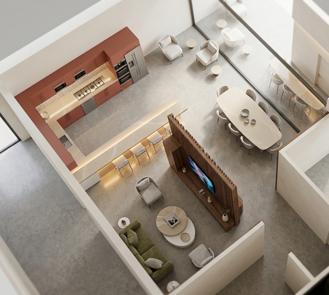 An incredibly lifelike, richly detailed, photorealistic high-angle aerial perspective interior photo of an open-plan coworking space set in a high-rise executive suite. The scene is illuminated by bright, diffused overhead daylight and warm, hidden LED strip lighting beneath the sleek breakfast bar, creating a sophisticated and airy atmosphere. Captured with a professional tilt-shift architectural lens, emphasizing the flawless sheen of polished stone surfaces and the clean-lined geometry of the custom-designed layout. 

Defining a standard of contemporary elegance, the space uses a balanced palette of warm white, pearl, champagne, and soft gray. The gourmet pantry boasts subtle brick-red cabinets set against an elegant, textured geometric tiled wall, while tailored upholstered furniture organizes the central lounge and collaborative areas. An oval, polished stone coworking table is surrounded by minimalist chairs, echoing the understated luxury of the neighboring conversation zone where an olive-green sofa, sculptural lighting, slim metal accents, and curated decor—including an elegant photography book—create a refined workspace. A slatted partition wall serves as a chic room divider, hosting digital abstract wall art displayed on an integrated screen, ensuring a polished, light-filled, and thoroughly sophisticated environment.