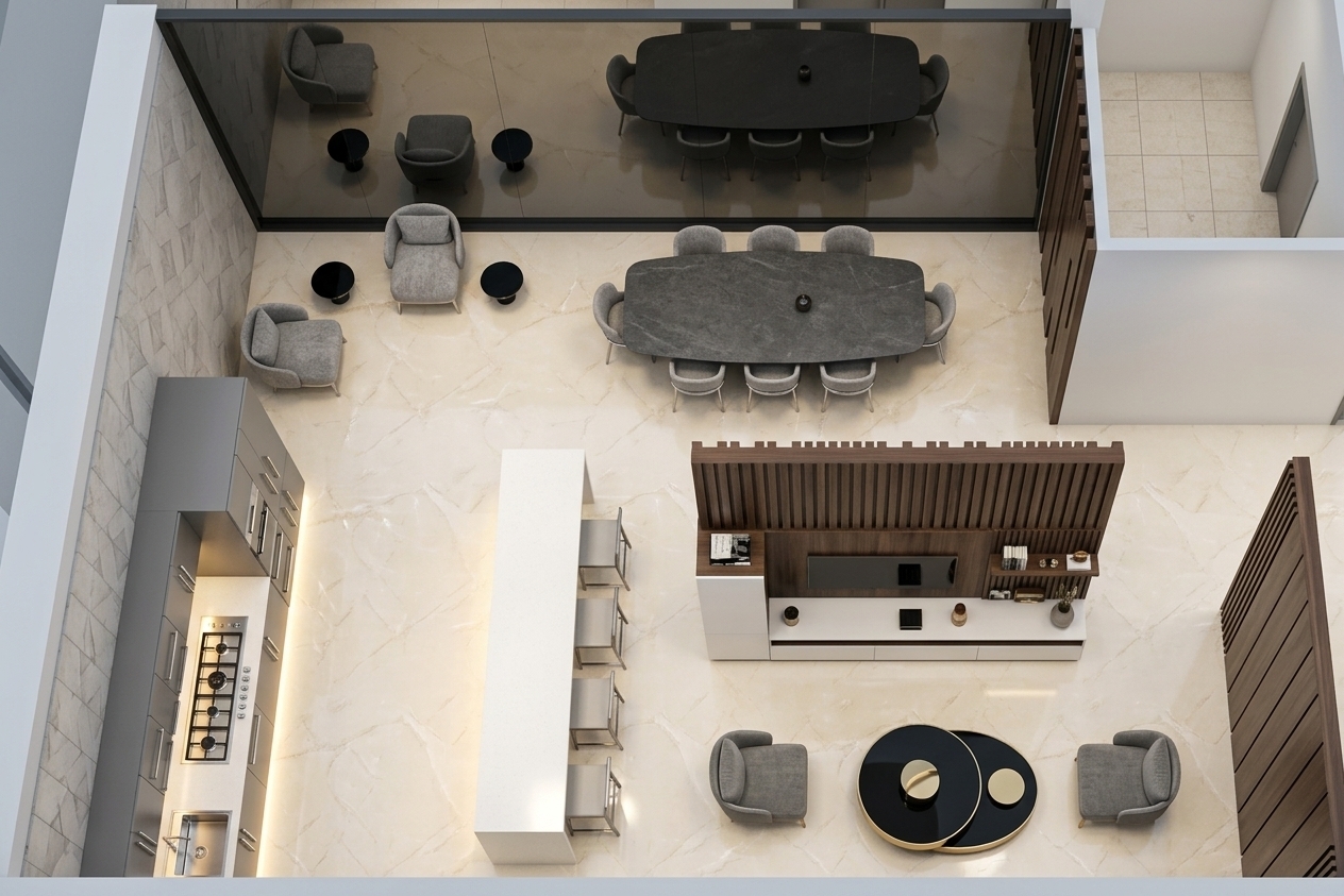 An incredibly lifelike, richly detailed, photorealistic top-down architectural view of a luxury coworking space and executive lounge set within a polished, high-end office suite. The scene is illuminated by clean, diffused overhead light mirroring a bright morning, accented by warm LED under-cabinet glows that cast a soft wash on the floor, creating an elegant, airy, and balanced atmosphere. Captured with a professional architectural camera, emphasizing the reflective sheen of polished stone surfaces, the soft textures of tailored upholstered furniture, and the flawless geometry of the layout. 

This refined, contemporary space exudes understated sophistication, framed by a color palette of warm white, pearl, champagne, and soft gray. The expansive floor consists of polished, large-format cream stone with delicat veining, reflecting the clean-lined furniture arrangement. A long, pristine white bar island runs down the center-left, lined with minimalist barstools, adjacent to a sleek galley kitchen with matte gray cabinetry. In the center, a large oval meeting table rendered in a honed gray stone is surrounded by soft gray, curved armchairs. A dark-tinted glass partition wall subtly mirrors the dining area, enhancing the deep spatial perspective. Towards the bottom, a breakout lounge is defined by two cozy gray armchairs positioned around a nested, sculptural coffee table in glossy black and brushed gold, anchored by a low-profile media wall sporting elegant dark wood slatting and curated display shelves.
