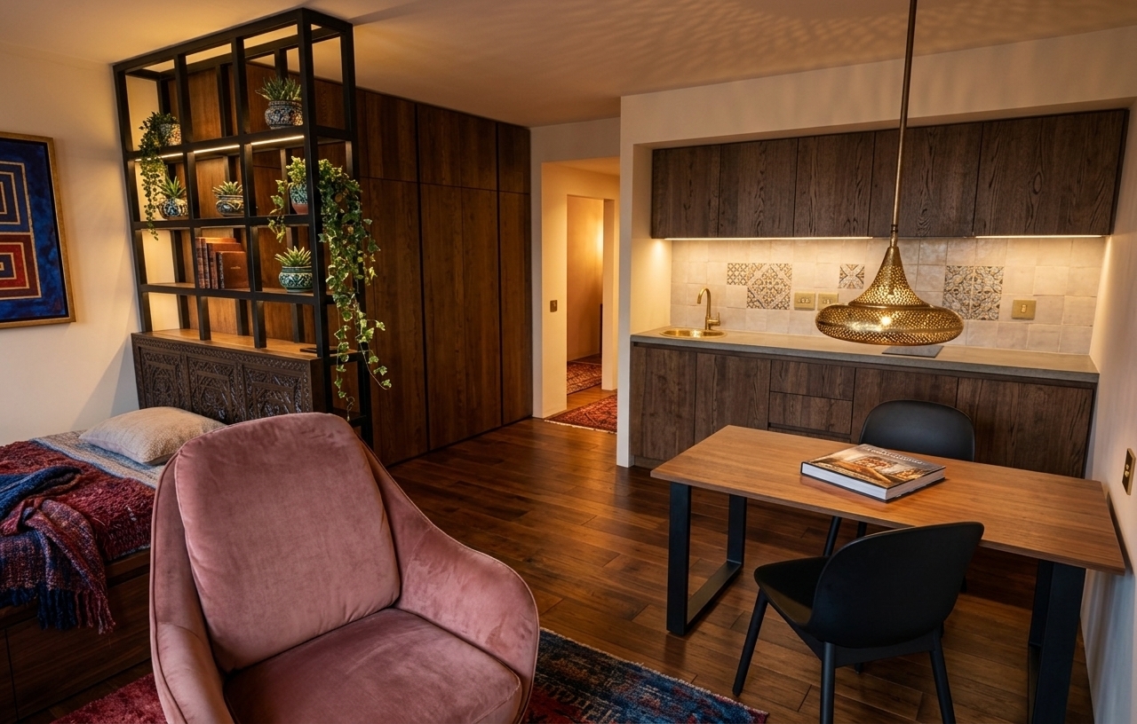 An incredibly lifelike, richly detailed, photorealistic high-angle interior photo of a Moroccan mystique-inspired living room set in a contemporary apartment. The scene is illuminated by warm, ambient golden light filtering from an ornate brass pendant lamp and hidden LED strips, creating a cozy, sensual, and exotic atmosphere. Captured with a professional 35mm lens, emphasizing the rich textures of velvet, carved wood, and encaustic tile, the view leads with a plump, dust-rose velvet armchair in the foreground. Beside it, a dining table topped with a gloss-finished photography book and framed by sleek black chairs anchors the dining area. In the background, the minimalist kitchenette features rich dark-wood cabinetry, accented by vibrant geometric wall art in deep blues, reds, and golds. A striking, black wrought-iron geometric shelf serves as a stylish room divider, while lush indoor plants and patterned Moroccan ceramic surfaces infuse the modern space with a soulful, Middle Eastern charm.