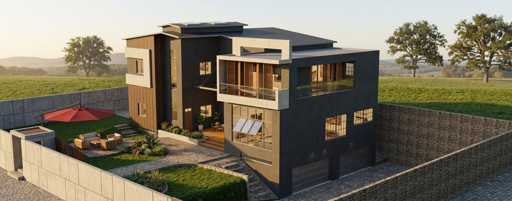 A high-end architectural photograph of a modern multi-story villa during the warm golden hour, preserving the exact perspective, geometry, and composition of the scene. The primary structure is finished in dark charcoal-grey textured stucco paired with light beige concrete accents, showing realistic micro-textures, subtle seams, and faint weathering. Richly textured teak wood louvers on the upper level and a warm wooden deck on the patio display organic grain patterns and a natural satin finish. Large, clean glass panes reveal hints of elegant, modern furniture and warm ambient lighting from the inside, with the glass showing subtle natural reflections. The landscaped yard features a lush, manicured green lawn with individual grass blades catching the sunlight, bordered by weathered flagstone and concrete pathways with fine dirt and sand in the joints. The red umbrella is rendered as high-quality canvas fabric with visible weave and gentle creases. The surrounding walls are made of highly textured, natural dry stone on the right and smooth, realistic concrete panels with organic water-discoloration marks on the left. Shot with a professional tilt-shift lens for perfect vertical alignment, the image features soft, directional warm sunlight, gentle long shadows, and a subtle, natural film grain that makes the architectural rendering feel completely real.