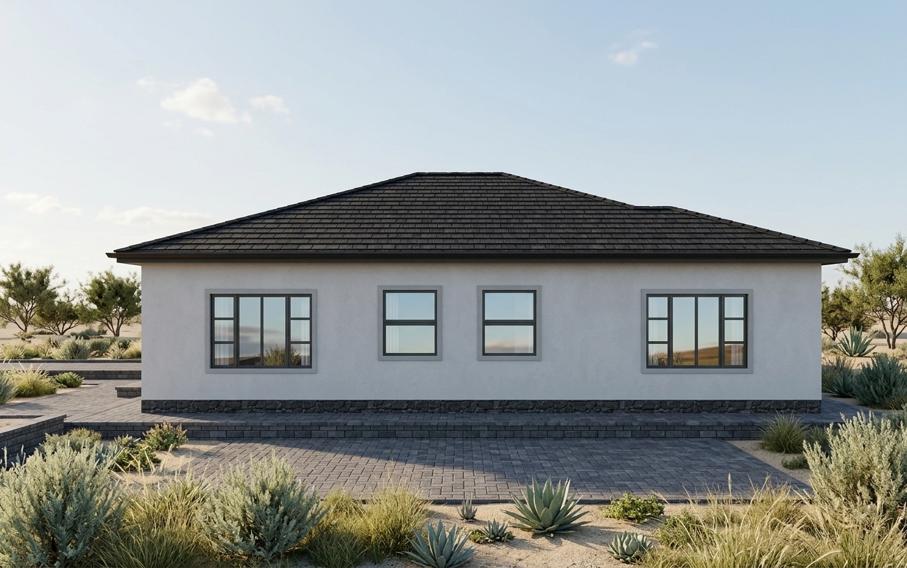 An incredibly lifelike, richly detailed, photorealistic exterior eye-level shot of a modern single-story desert retreat set in a serene, arid landscape. The scene is illuminated by soft, natural afternoon daylight, creating a warm and peaceful atmosphere. Captured with a professional 35mm architectural lens, emphasizing the fine, clean texture of the light-grey plaster walls, the crisp dark metal frames of the windows, and the subtle textures of the concrete patio. The house's exact geometry is preserved, featuring its elegant, low-profile dark shingled hip roof and a symmetrical arrangement of windows—two large multi-pane windows flank two smaller central ones, all glazed with high-reflection glass mirroring the pale blue sky. A dark, textured basalt stone base anchors the structure to a charcoal-paved outdoor patio, while the surrounding grounds are beautifully landscaped with native desert grasses, subtle sand-and-gravel beds, and distant trees, grounding this minimalist home perfectly into its natural, sun-drenched environment.