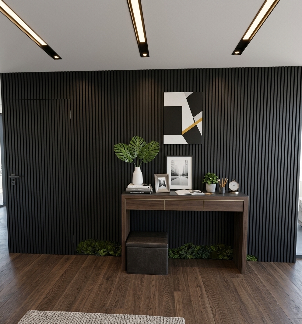 An incredibly lifelike, richly detailed, photorealistic wide-angle interior photo of a sleek, modern fusion meeting and reception room set in a dynamic urban loft. The scene is illuminated by a mix of crisp natural daylight streaming from adjacent wide windows and warm, dimmable linear LED recessed lights, creating a sophisticated and professional atmosphere. Captured with a Hasselblad H6D-100c with a 24mm lens, emphasizing the fine grains of premium dark oak wood, polished slate, and matte metallic accents. 

In this reimagined design, the original heavy timber paneling is replaced by an elegant accent wall composing of vertical matte-black oak slats and a seamless hidden door, introducing an industrial-inspired, modular rhythm to the space. Hanging prominently on this textured backdrop is a piece of bold, geometric abstract wall art featuring shades of stark black and white punctuated by a vibrant mustard-yellow accent line. Replacing the old console is a floating, cantilevered credenza in a dark, rich walnut finish with brushed brass trim. On its smooth surface, a small stack of thick art and photography books sits next to a minimalist matte-white ceramic vase holding lush green monstera leaves. Beneath, the floor transitions to smooth, large-format polished concrete that reflects the ambient warmth of the room. This balanced composition effortlessly blends organic warmth with clean, urban minimalism, delivering an inspiring workspace that feels both grounded and forward-thinking.