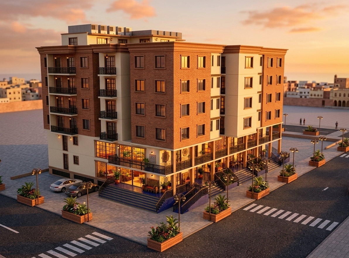 An incredibly lifelike, richly detailed, photorealistic wide-angle exterior architectural photo of a modern multi-story mixed-use residential building set in a vibrant Moroccan coastal district during a balmy summer. The scene is illuminated by a warm, golden-hour sunset that bathes the facade in deep gold, ruby red, and amber light, creating a sensual and exotic atmosphere. Captured with a professional 24mm tilt-shift lens, emphasizing the highly textured terracotta brick cladding, pristine cream-painted stucco, and intricate metalwork details. The building incorporates a mesmerizing Moroccan mystique, highlighted by steps tiled in deep cobalt blue and shimmering gold zellige patterns. The ground-floor storefronts feature expansive glazing that reveals richly decorated interiors adorned with geometric wall art, ornate carved wooden and metal furniture, and lush indoor plants glowing under warm internal lighting. Ornate, matte-black wrought iron railings trace the balconies, while the surrounding neat pavements feature terracotta planters filled with lush greenery and elegant multi-headed streetlamps casting long, soft shadows across the dark asphalt street.