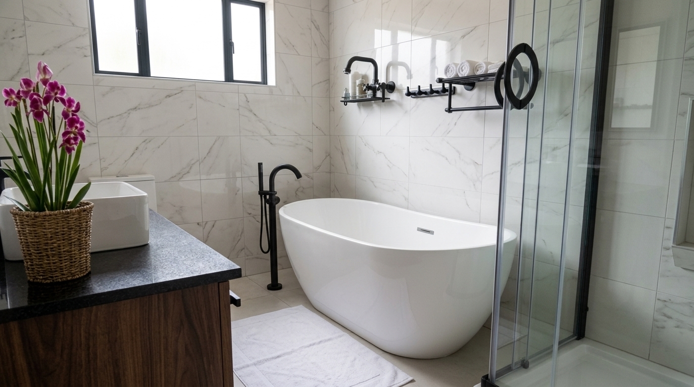 An incredibly lifelike, richly detailed, photorealistic interior photo of a hotel bathroom set in a luxury urban boutique hotel. The scene is illuminated by soft, diffused daylight filtering from an overhead window, creating a serene and sophisticated atmosphere. Captured with a professional 35mm architectural lens, emphasizing the smooth, high-end textures of the marble tiles, the sleek matte black fixtures, and the crisp contrast of the pristine white porcelain...

This dynamic space showcases a bold, modern fusion aesthetic that blends clean, modular geometry with industrial-inspired details. Centered in the composition is a sleek, freestanding white oval soaking tub paired with an elegant, floor-mounted matte black faucet. To the left, a dark wooden vanity supports a polished granite countertop and a contemporary vessel sink, accented by lush greenery from a potted orchid that adds a vibrant splash of life. The walls are clad in large-format marble tiles with subtle, elegant veining, creating a smooth surface that plays beautifully with the light. On the right, a pristine glass-enclosed shower frames the scene, while minimal yet impactful matte black shelving stores rolled towels above. The calculated balance of black, white, and rich organic materials gives the composition a highly curated, artistic finish worthy of a luxury photography book.