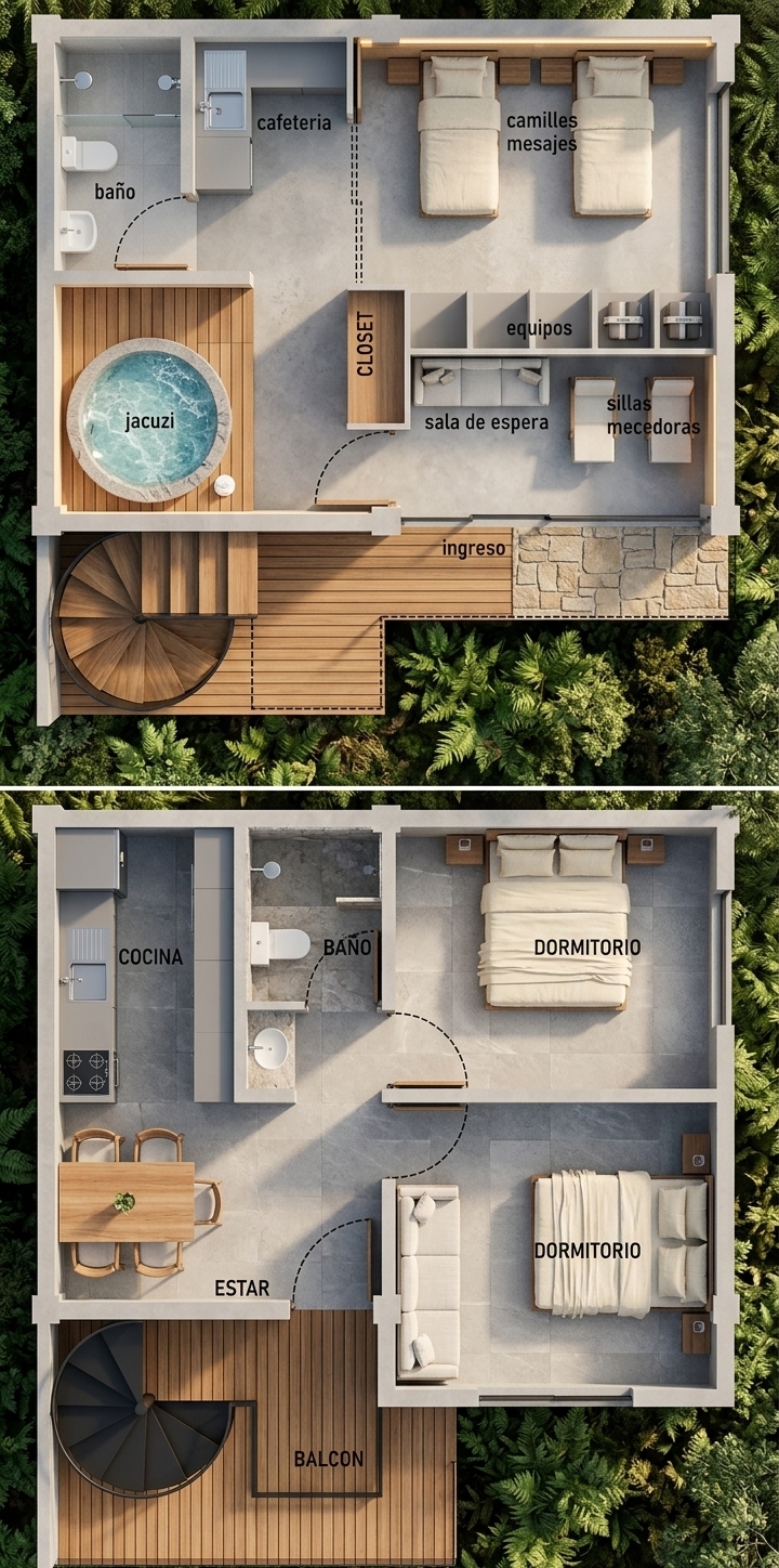 An incredibly lifelike, richly detailed, photorealistic bird's-eye dollhouse cross-section photograph of a luxury two-story wellness sanctuary set in a secluded, serene forest resort. The scene is illuminated by soft, diffused morning sunlight streaming through invisible floor-to-ceiling windows and warm, recessed LED accent strips, creating a tranquil, deeply rejuvenating atmosphere. Captured with a high-resolution medium-format camera and architectural tilt-shift lens, emphasizing the rich natural textures of polished concrete floors, warm teak wood decking, smooth white marble, and organic linen fabrics.

On the ground-level spa, a circular stone-carved jacuzzi filled with bubbling, crystal-clear water sits on a sleek teak deck, positioned adjacent to a modern hotel-style bathroom. Nearby, two plush massage tables dressed in pristine white linens stand ready in a tranquil treatment room, complemented by a minimalist waiting area with woven rattan rocking chairs and a chic beverage bar. A sculptural steel spiral staircase with floating oak treads rises elegantly to the upper level, which is designed as a minimalist boutique apartment. This elevated haven features a seamless open-concept living area with a sleek, contemporary kitchen outfitted in matte-gray handleless cabinetry, a warm timber dining set, and a central spa-like bathroom finished in premium gray stone. Two peaceful, sunlit bedrooms are styled with low-profile platform beds wrapped in soft cream-colored linen, while a private balcony looks out over the surrounding lush landscape.