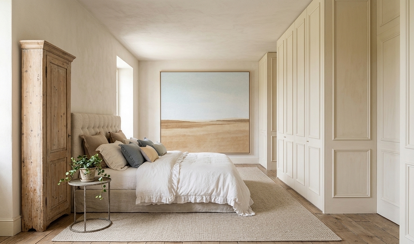 An incredibly lifelike, richly detailed, photorealistic wide-angle interior shot of a serene bedroom with French country charm set in a rustic countryside cottage during a bright spring midday. The scene is illuminated by soft, abundant natural light filtering through an unseen side window, creating a cozy, warm, and romantic atmosphere. Captured with a professional DSLR and a 35mm prime lens, emphasizing the intricate weathered textures of distressed wood, the soft weave of premium linen, and the delicate details of lovingly arranged vintage decor. In the center, a inviting bed features a soft upholstered headboard dressed in layers of crisp, ruffled duvets and accent pillows in shades of warm neutrals, dusty blues, and soft pastel yellows. To the left, a beautifully weathered tall wooden cabinet stands next to a circular vintage side table cradling a small potted indoor ivy plant. Prominently displayed on the back wall is a large piece of minimalist pastoral wall art depicting a quiet horizon of soft earth tones and pale blue skies, anchoring the room's elegant provincial aesthetic. Along the right wall, a series of exquisite, cream-colored built-in wardrobe doors with classic French paneling stretch into the background, while a soft, flat-weave neutral rug underfoot ties together this picture-perfect scene designed for a high-end photography book.